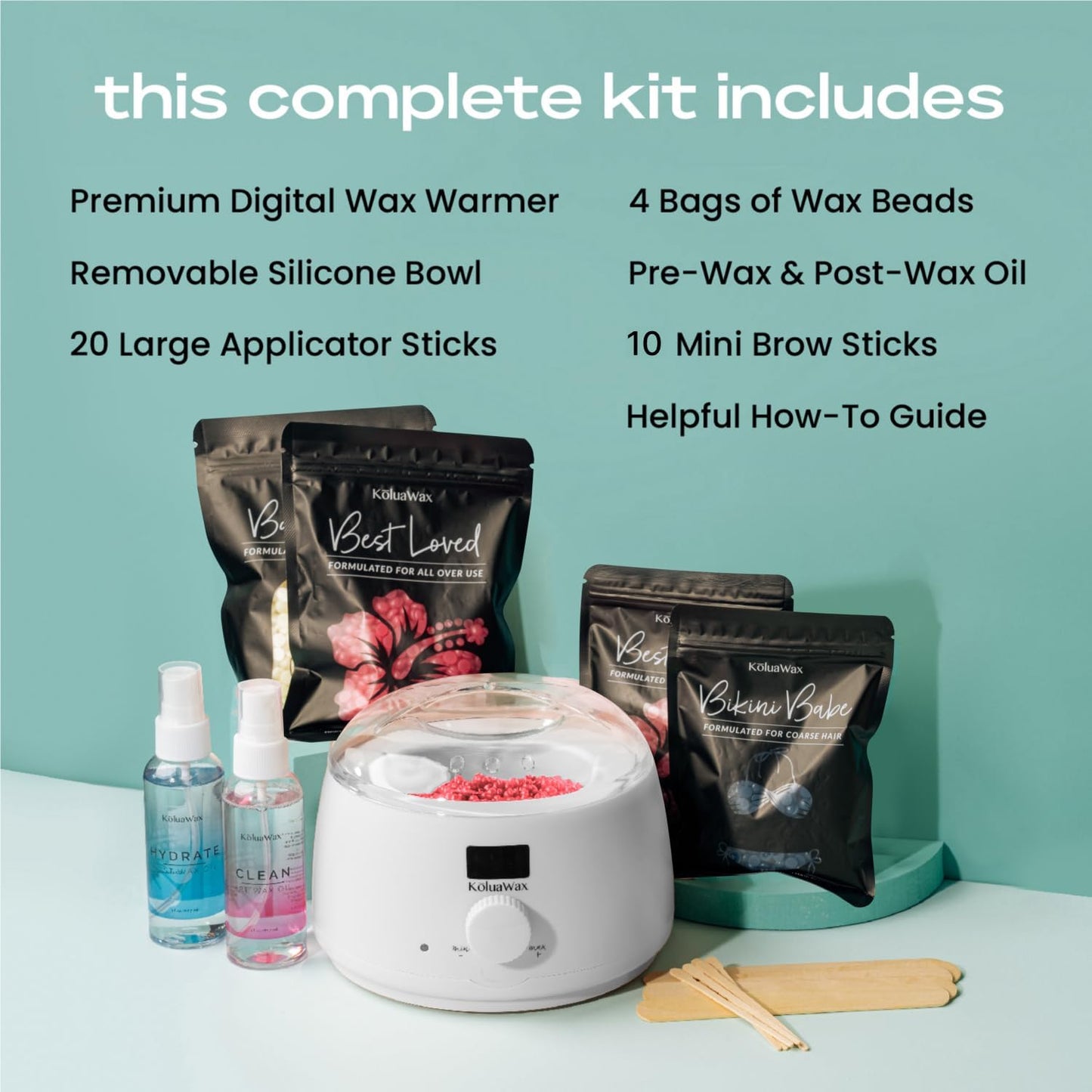 KoluaWax Premium Waxing Kit for Women - Hot Melt Hard Wax Warmer for Hair Removal, Eyebrow, Bikini, Legs, Face, Brazilian Wax - Machine, 4-Pack Beads, Accessories, White