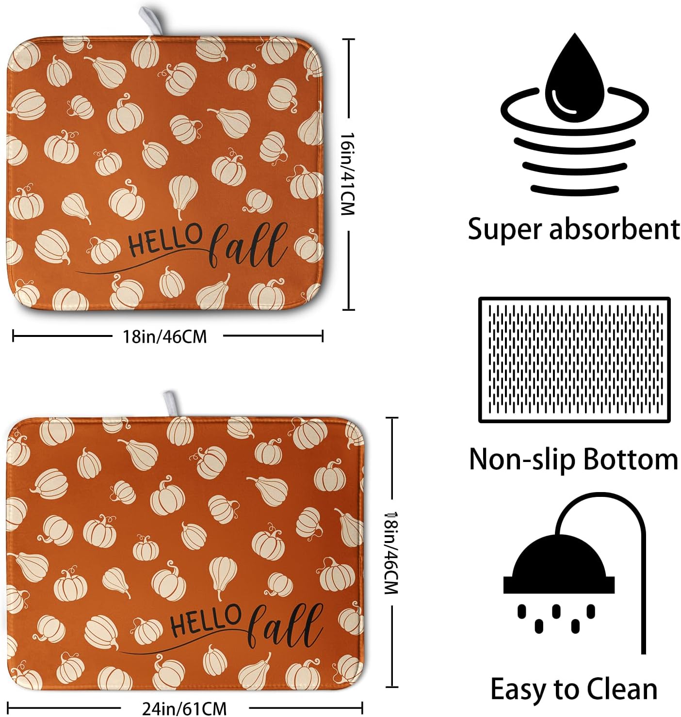 Hello Fall Drying Mat for Kitchen Counter Autumn Orange Pumpkin Dry Dish Mat Thanksgiving Absorbent Microfiber Dish Draining Washable Dish Drainer Rack Mat Large 18x24 Inch