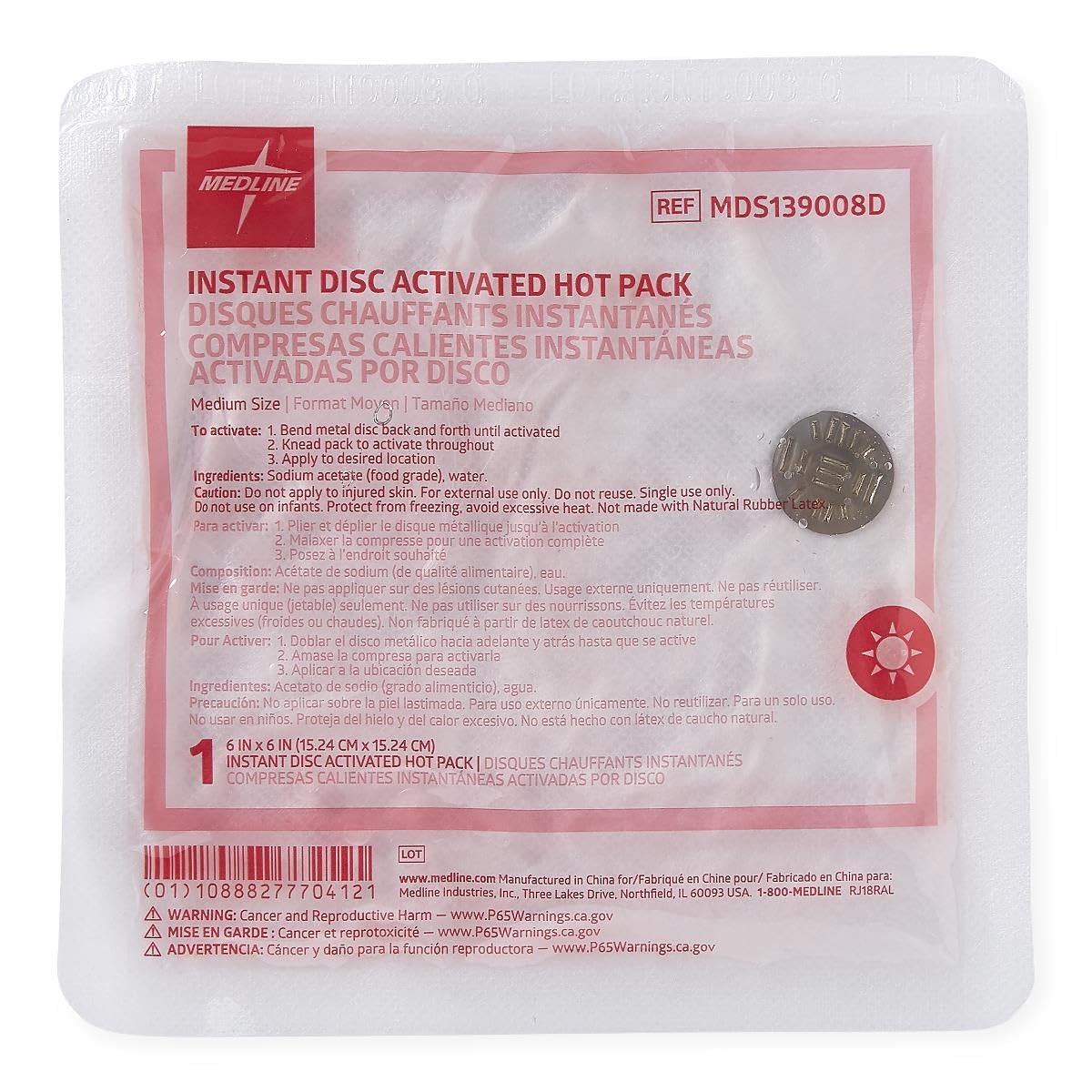 Medline Disc-Activated Nonwoven Instant Hot Packs, Size M, 6 in. x 6 in., Case of 24
