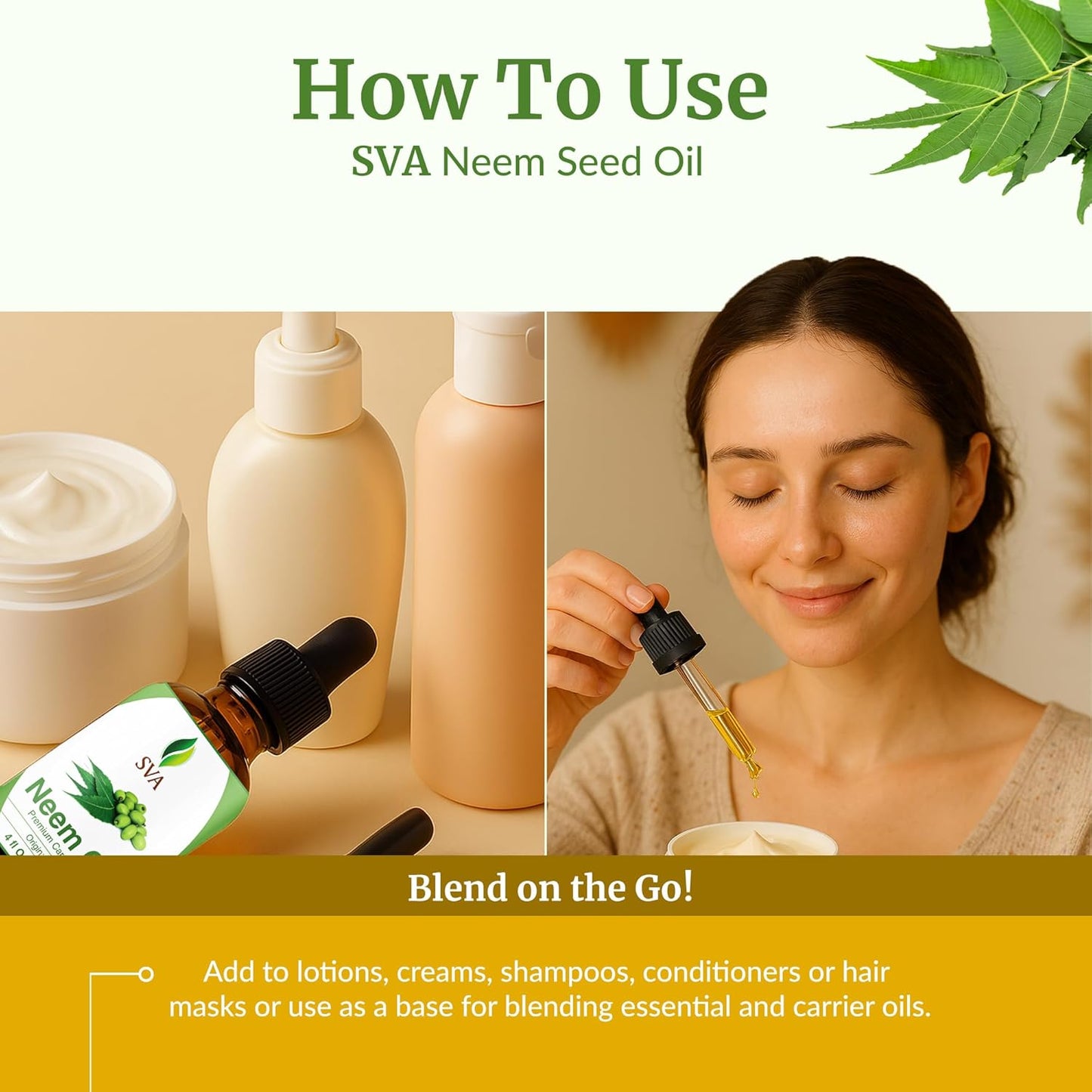 SVA Neem Seed Oil - 4 Fl Oz – 100% Natural Cold Pressed Neem Oil - for Face, Skin Care, Hair Care, Scalp Massage & Body Massage – Carrier Oil with Dropper