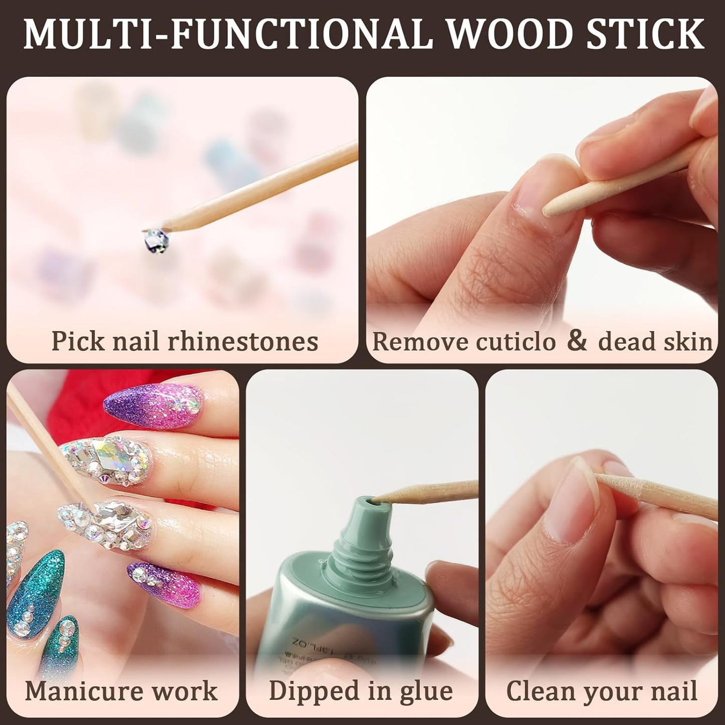 50 Pcs Orange Wood Sticks for Nails, 4.5" Cuticle Sticks, Double Sided Nail Tools for Manicure and Pedicure