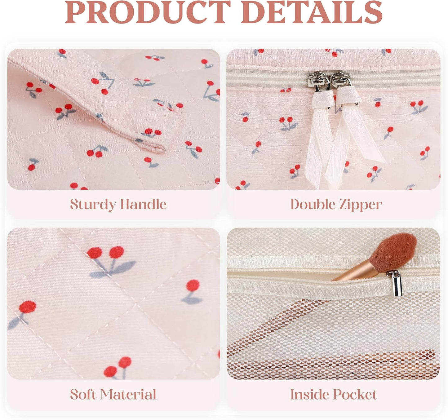 Prite Large Cosmetic Bags for Women Cute Makeup Bag Floral Coquette Aesthetic Toiletry Bag Travel Make Up Organizer Bag (Cherry)