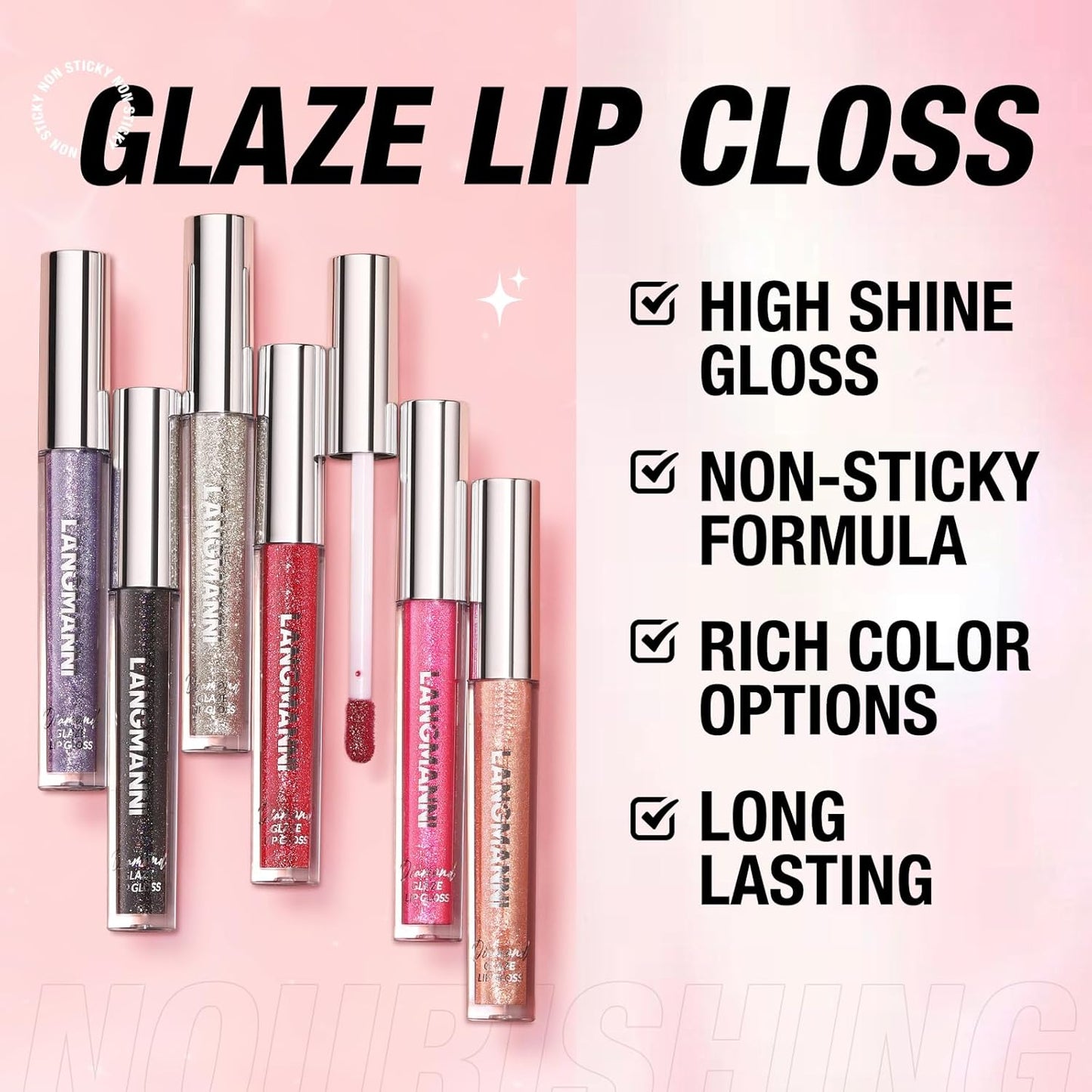 LANGMANNI 4 Colors Diamond Glitter Lip Gloss Set,Long Lasting High Shine Shimmer Liquid Lipstick Set,Hydrating,Moisturizing Lip Gloss Kit Gift Makeup For Girls(#05+06+07+08)