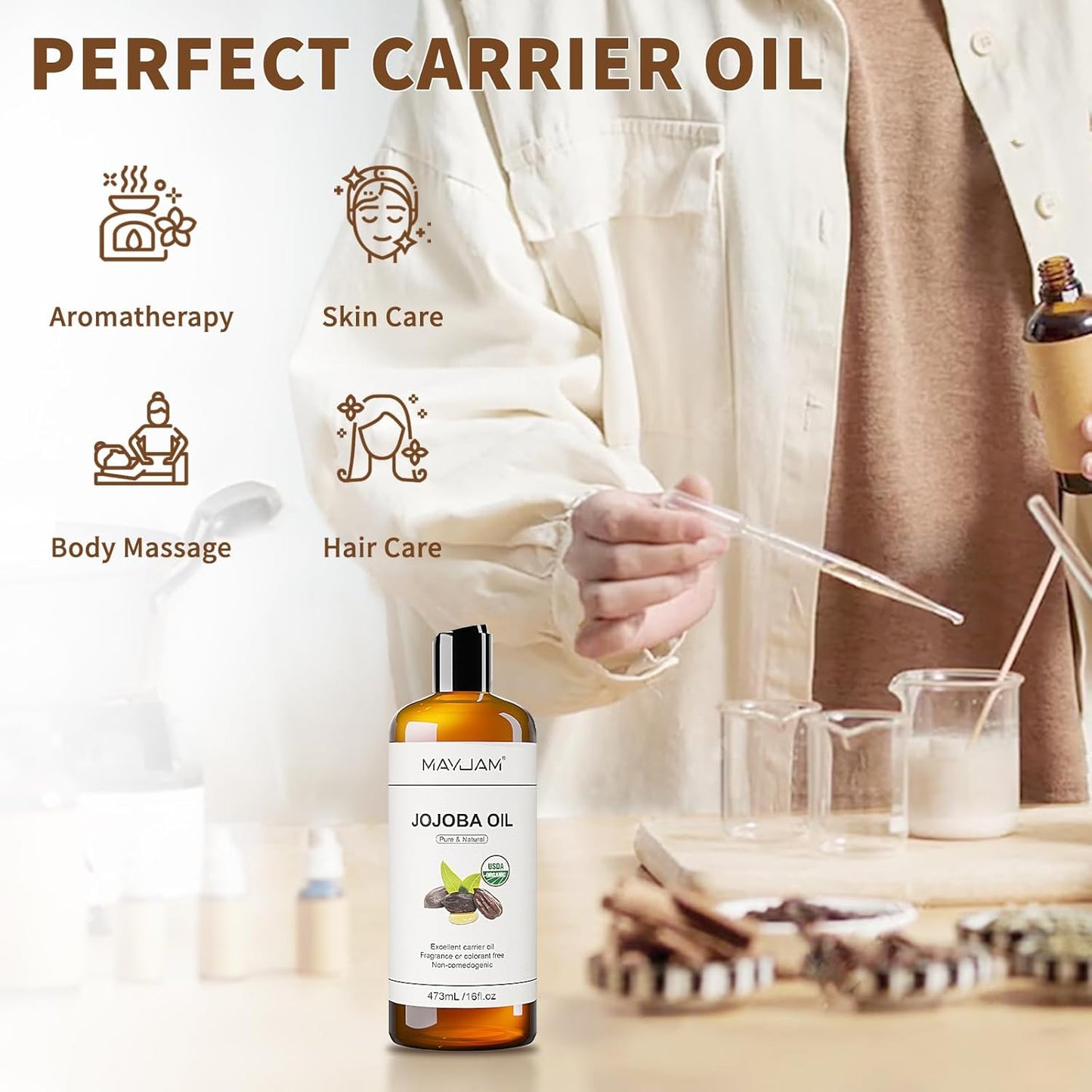 16 Oz Jojoba Oil for Skin, USDA Certified Cold Pressed Jojoba Oil for Hair, Face, Body, Ear Stretch, Nails,Massage, Deeply Moisturizing, Carrier Oil for Essential Oils Mixing(473ML)