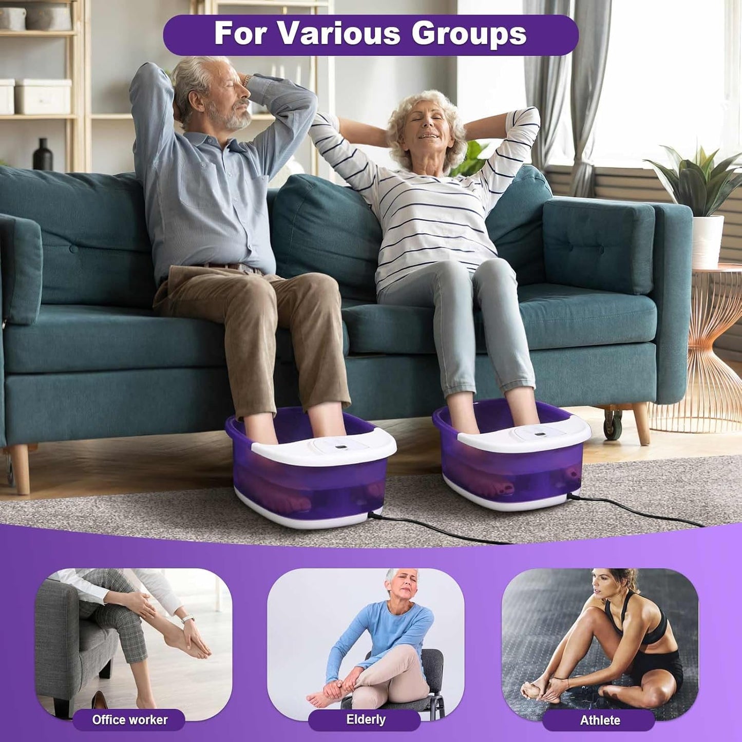 Foot Spa Bath Massager with Heat [2025 Upgraded], Vibration, Temperature Control, Jets, Bubbles and Epsom Salt, Foot Bath Soak Tub with 22 Massage Rollers, Feet Soaking Tub for Relaxation, Purple