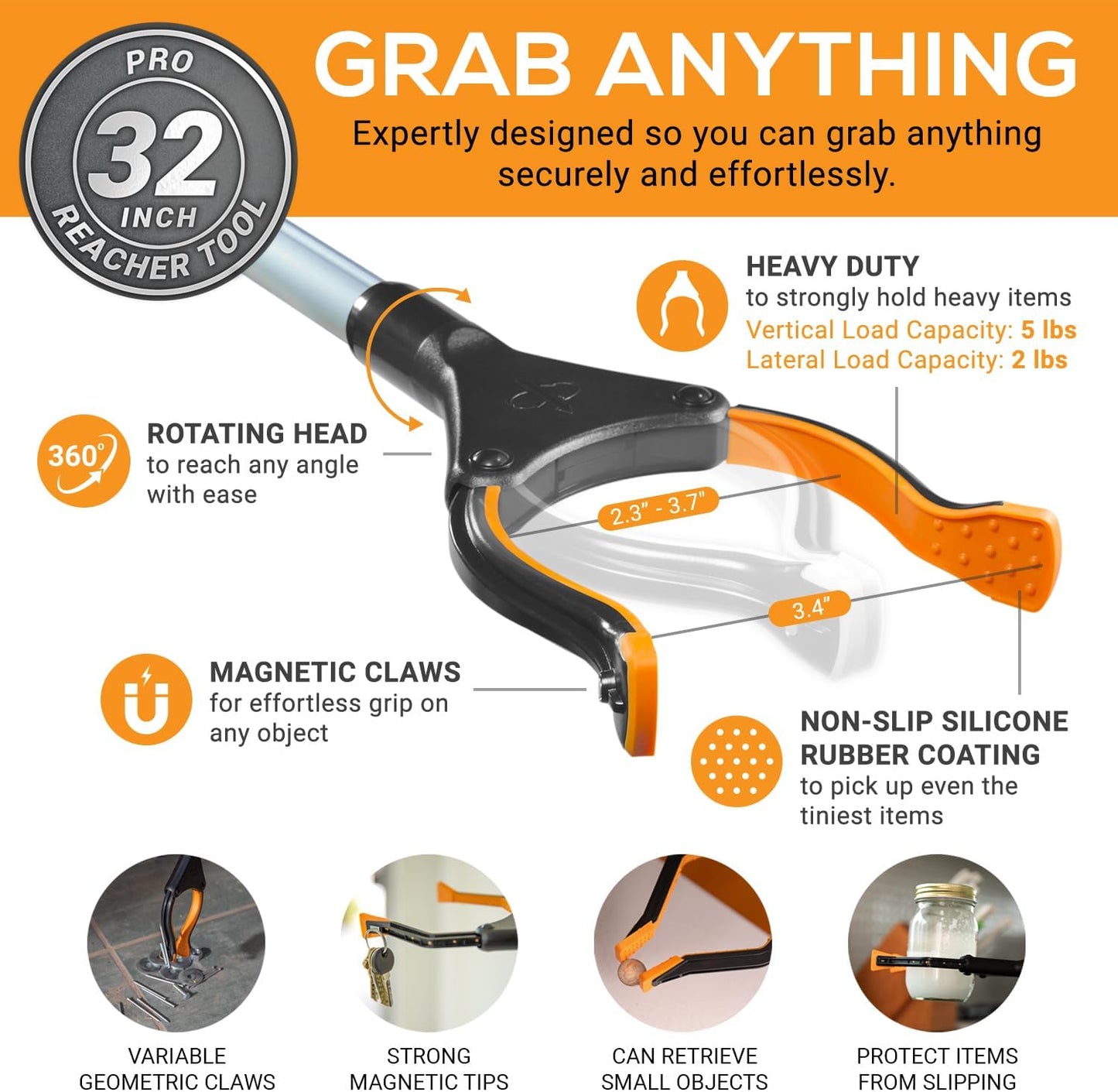 EZPIK Pro 32" Foldable Grabber Reacher Tool for Seniors - Grabbers for Elderly Reaching Tool Heavy Duty Pickup Trash Picker Upper Equipment - Claw Grabber Stick for Reaching Aids, Weed Gripper