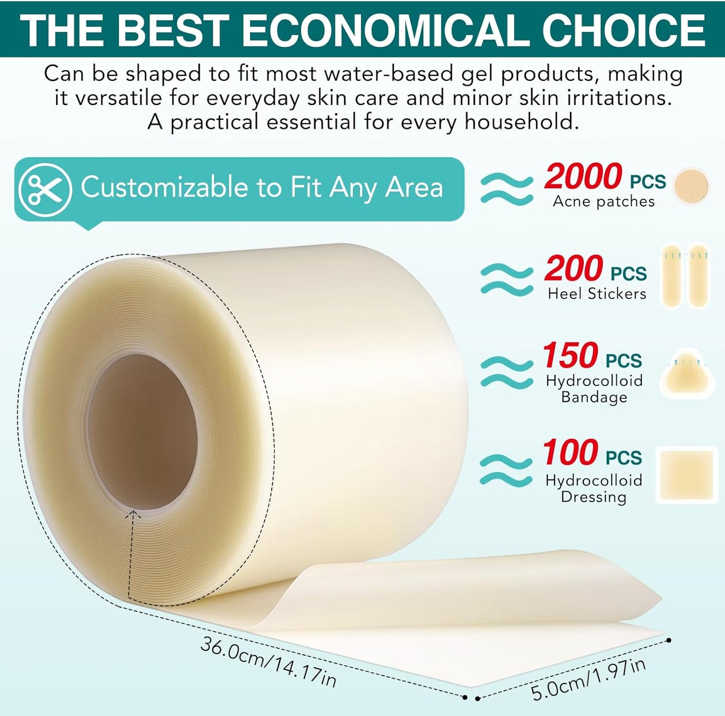 Hydrocolloid Roll for Skin Care,Cuttable Hydrocolloid Patch Bandages(2in*11.8ft),Hydrocolloid Roll with Self-Adhesive, Ultra Absorbent, Flexible & Waterproof