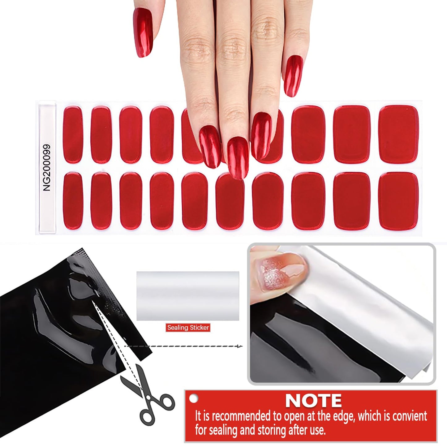 WOKOTO 20Pcs Chrome Red Gel Nail Strips with Nail File & Wooden Stick Holographic Red Semi Cured Nail Polish Strips UV Gel Nail Stickers Full Nail Wraps Stick On Nails Strips Decals for Women Girls