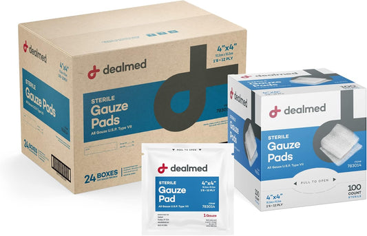 Dealmed 4’’ x 4’’ Sterile Gauze Pads (100 Count) Disposable and Individually Wrapped Medical Gauze Pads, Wound Care Product for First Aid Kit and Medical Facilities (Case of 12)