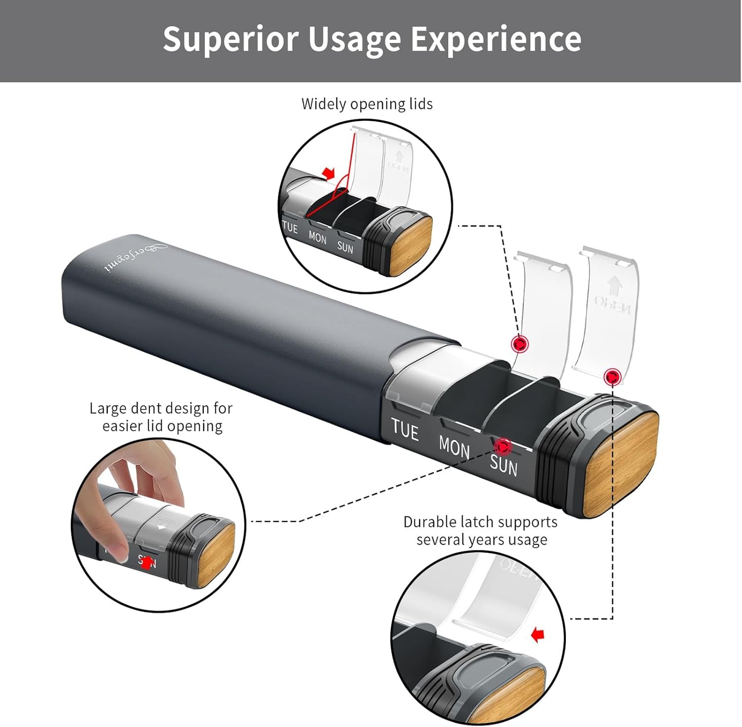 Metal Weekly Pill Organizer, Serfeymi Aluminum Daily Pill Box(Spare Gasket Provided),7 Day Pill Case Travel Medicine Organizer,Pill Containers with Individual Lid for Vitamins,Pills, Supplement-Gray