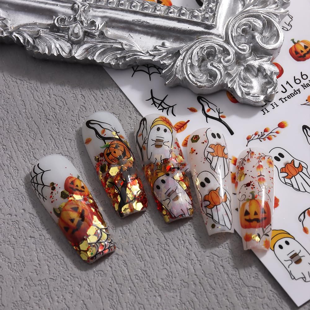 Halloween Nails Stickers Horrible Pumpkins Nails Sticker 3D Embossed Horrible Ghost Self Adhesive Sticker Nail Decals Web Bat Nail Art Decal Halloween Decals for Nail DIY Manicure 4Sheet