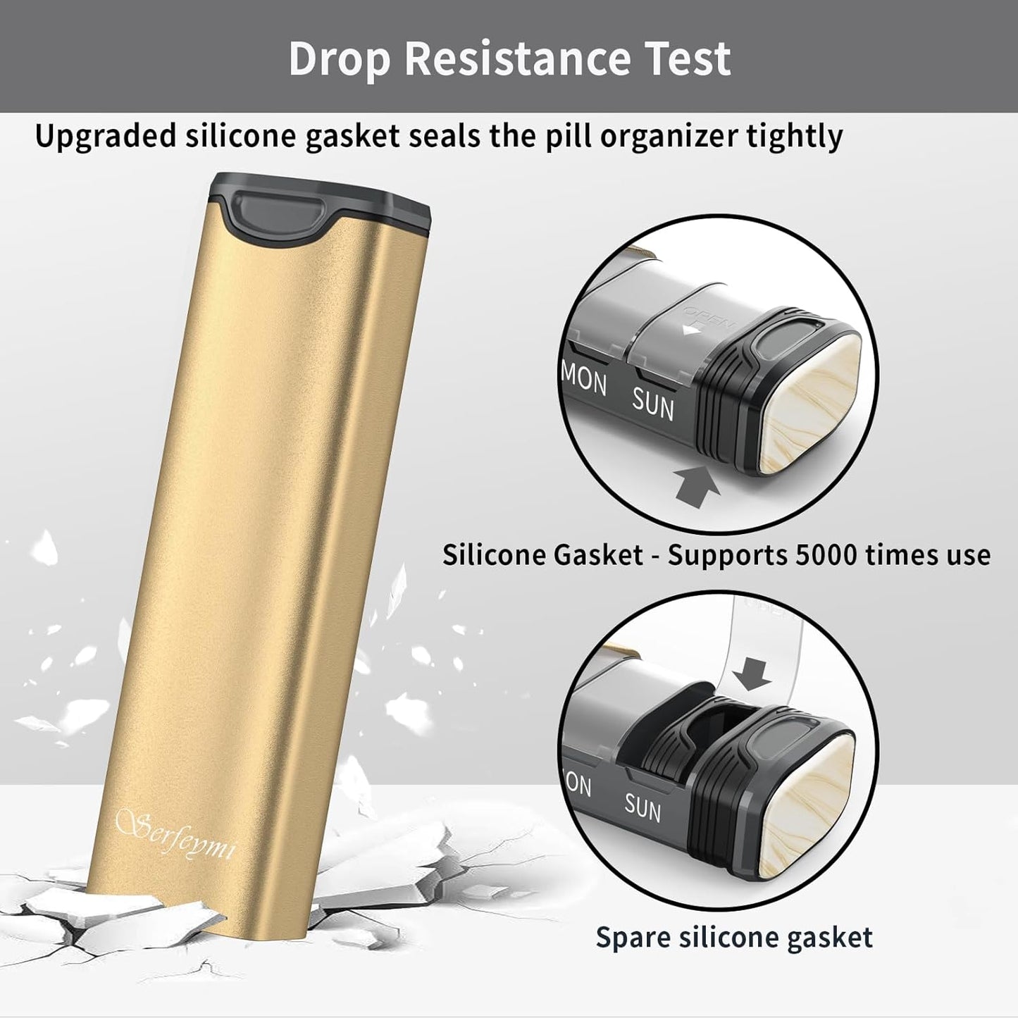Metal Weekly Pill Organizer, Serfeymi Aluminum Daily Pill Box(Spare Gasket Provided),7 Day Pill Case Travel Medicine Organizer,Pill Containers with Individual Lid for Vitamins,Pills, Supplement-Gold