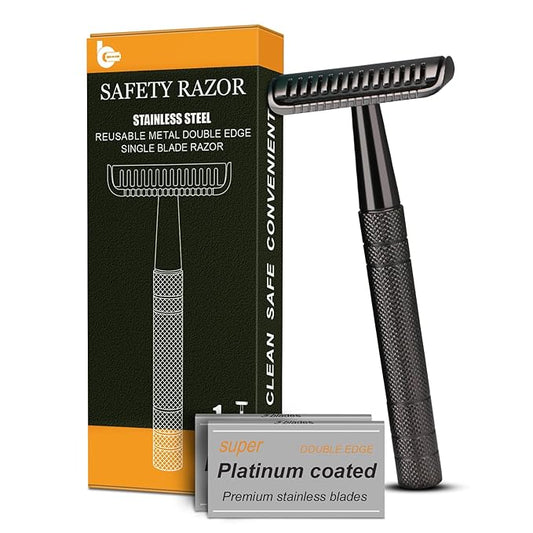 Black Safety Razor, Single Blade Razors for Men, with 10 Double Edge Blades, Long and Heavy Duty Stainless Steel Handle, Reusable Metal Eco-Friendly Razor, Plastic Free, Smooth Shave