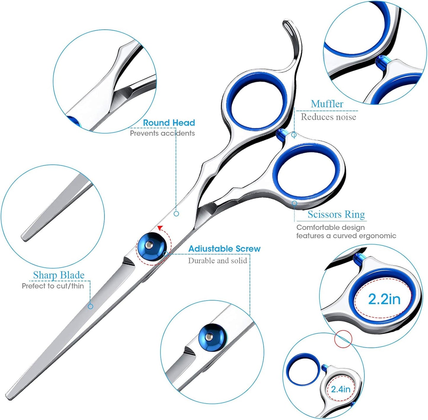 Hair Cutting Scissors Shears Set, ekuci Professional Home Haircutting Scissors Thinning Shears Kit with Free Comb and Storage Bag for Men Women Home Salon Barber Cut Kit (Silver)