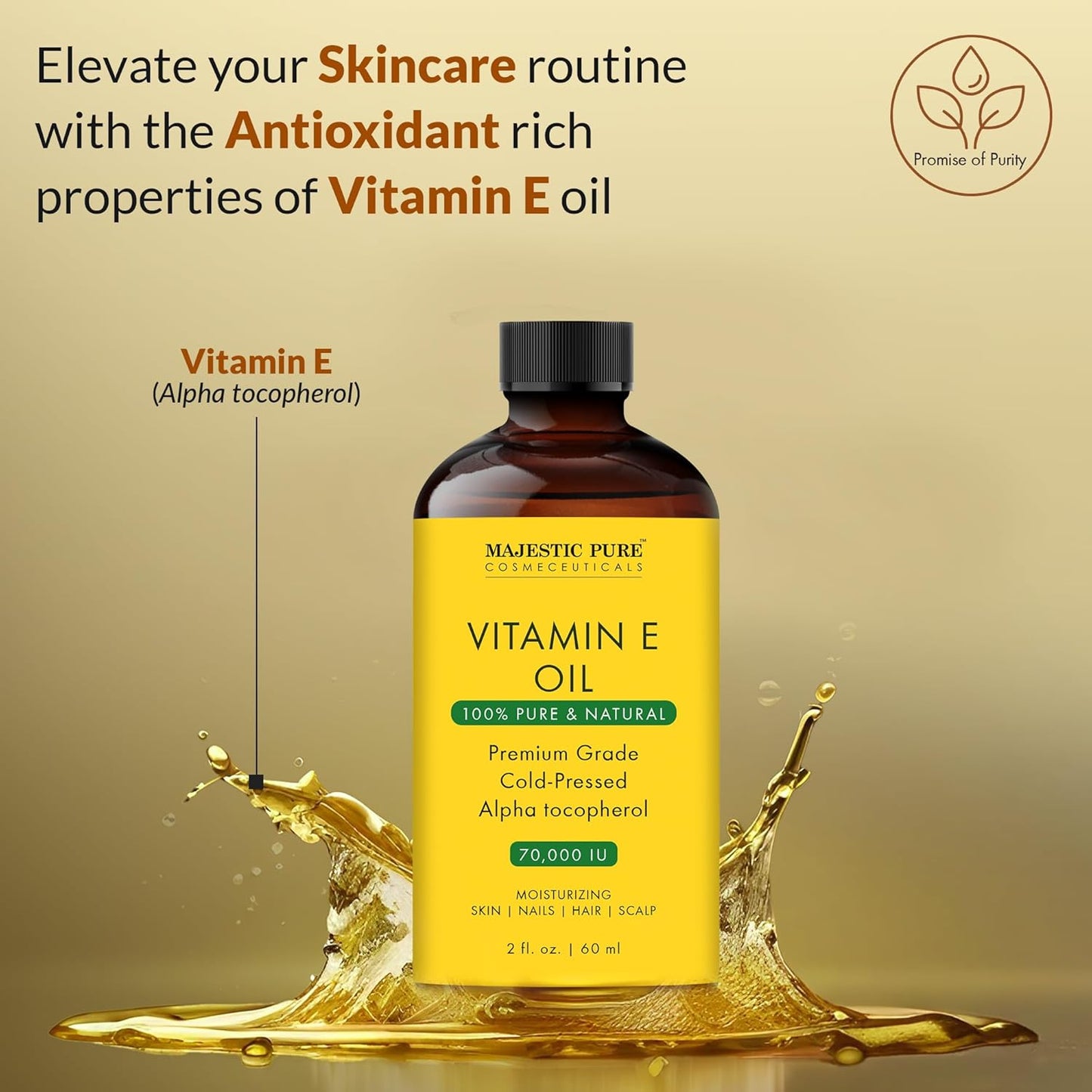 Majestic Pure Vitamin E Oil - 100% Pure & Natural, 70,000 IU | Premium Grade, Cold-Pressed and Tocopherol to Repair Dry, Damaged Skin| Moisturizing Skin, Hair and Scalp 2 Fl Oz