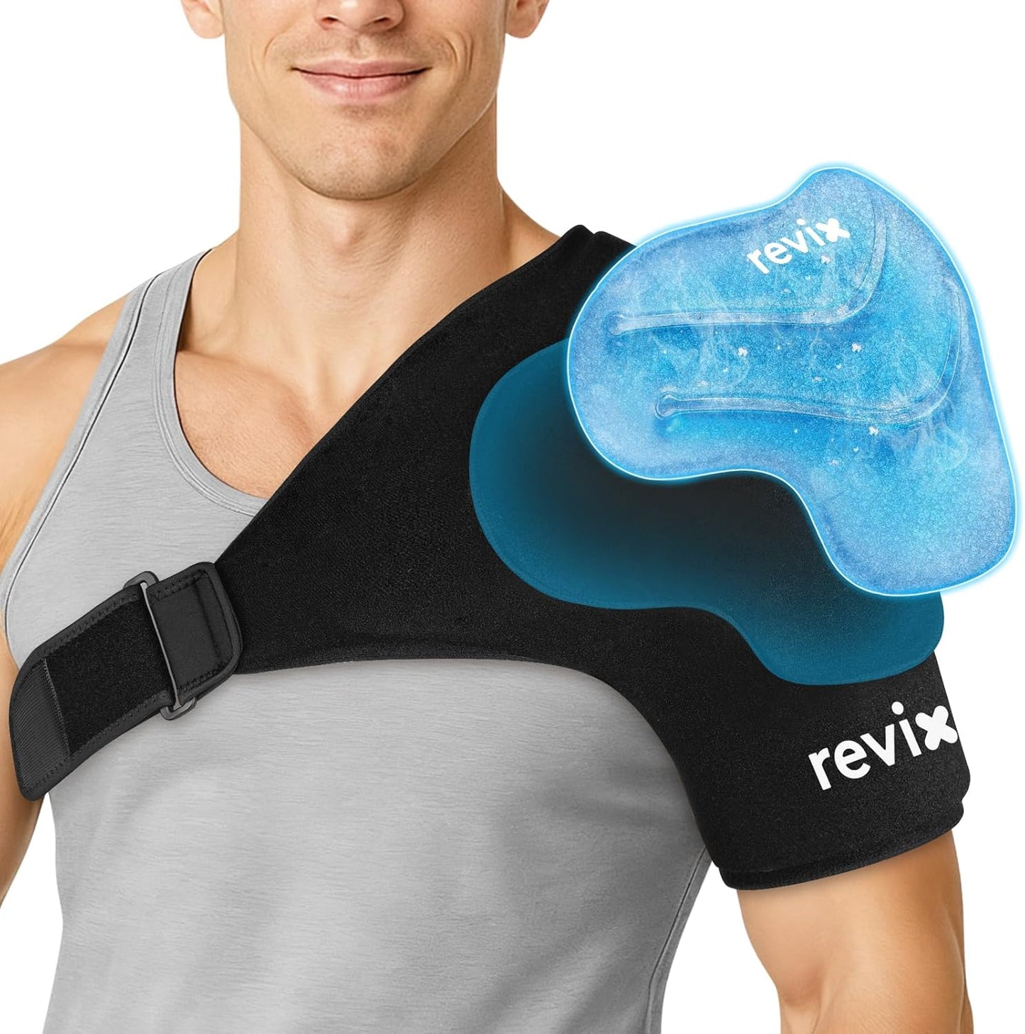 REVIX XL Shoulder Ice Pack for Rotator Cuff Cold Therapy, Reusable Gel Ice Pack Wrap Shoulder Brace with Extra Removable Coldfocus for Long-Lasting Cooling, Hot Cold Compression for Sport Recovery