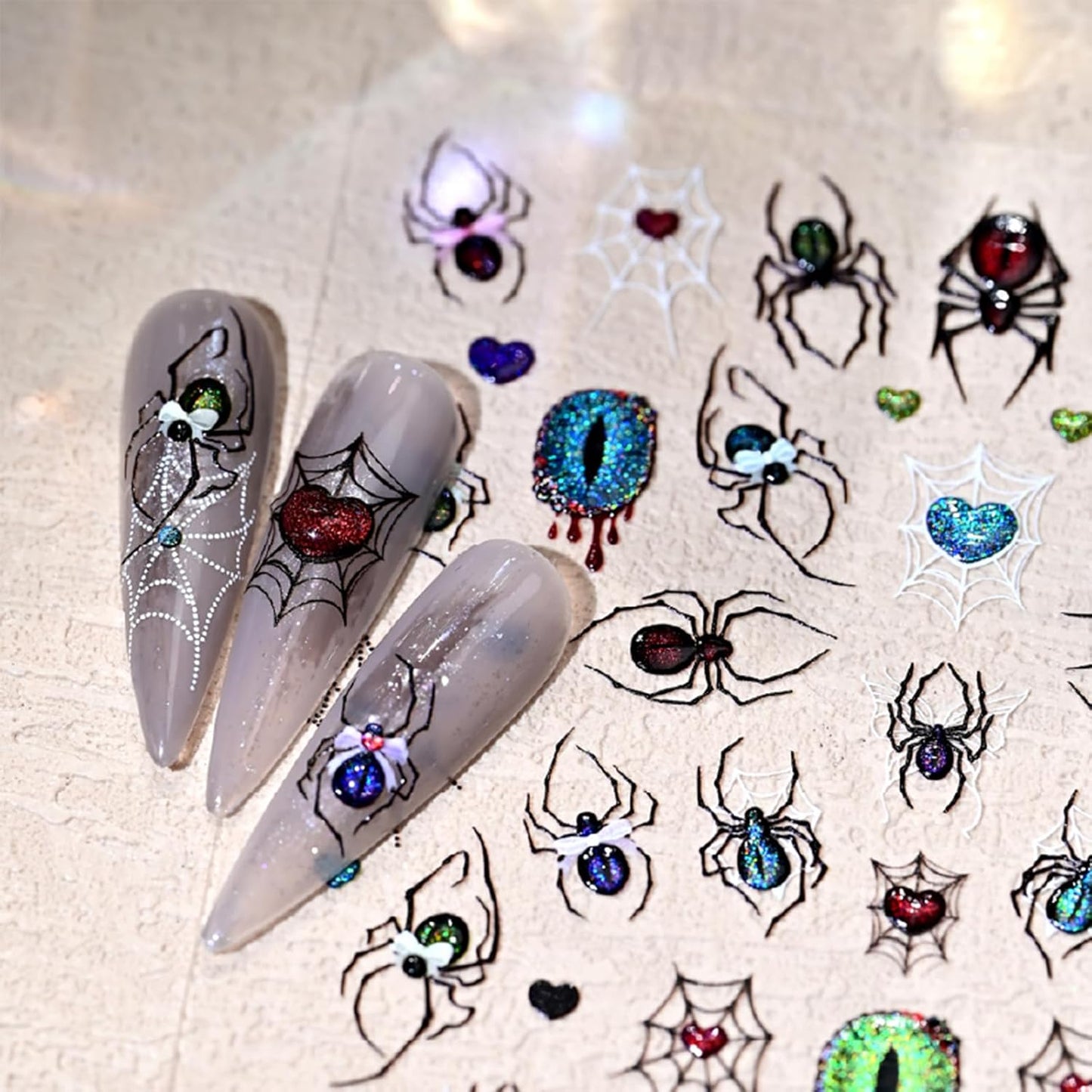 5D Embossed Spider Nail Art Stickers Halloween Nail Stickers Sparkling Eyes Spider Web Nail Decals Gothic Design Manicure Decoration for Women Girls Holiday Nail Supplies 1 Sheets