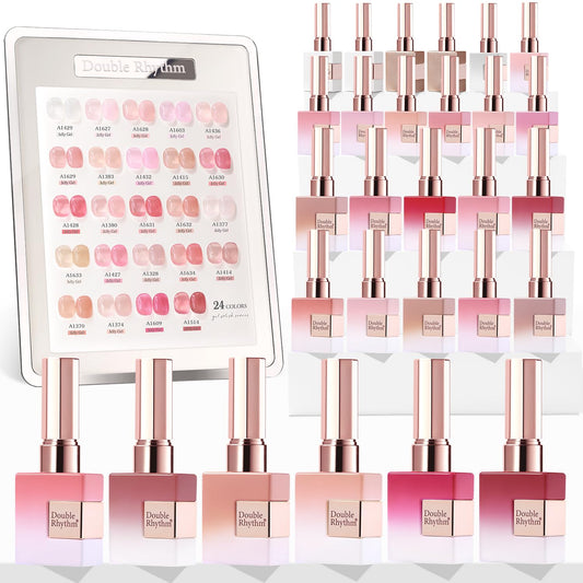Double Rhythm 28Pcs 0.5Oz Gel Nail Polish Set Same Color Same Bottle Soak Off Gel Polish Kit Nail Art Manicure Salon DIY at Home for Women (Jelly Sheer Clear Collection-T24-8)