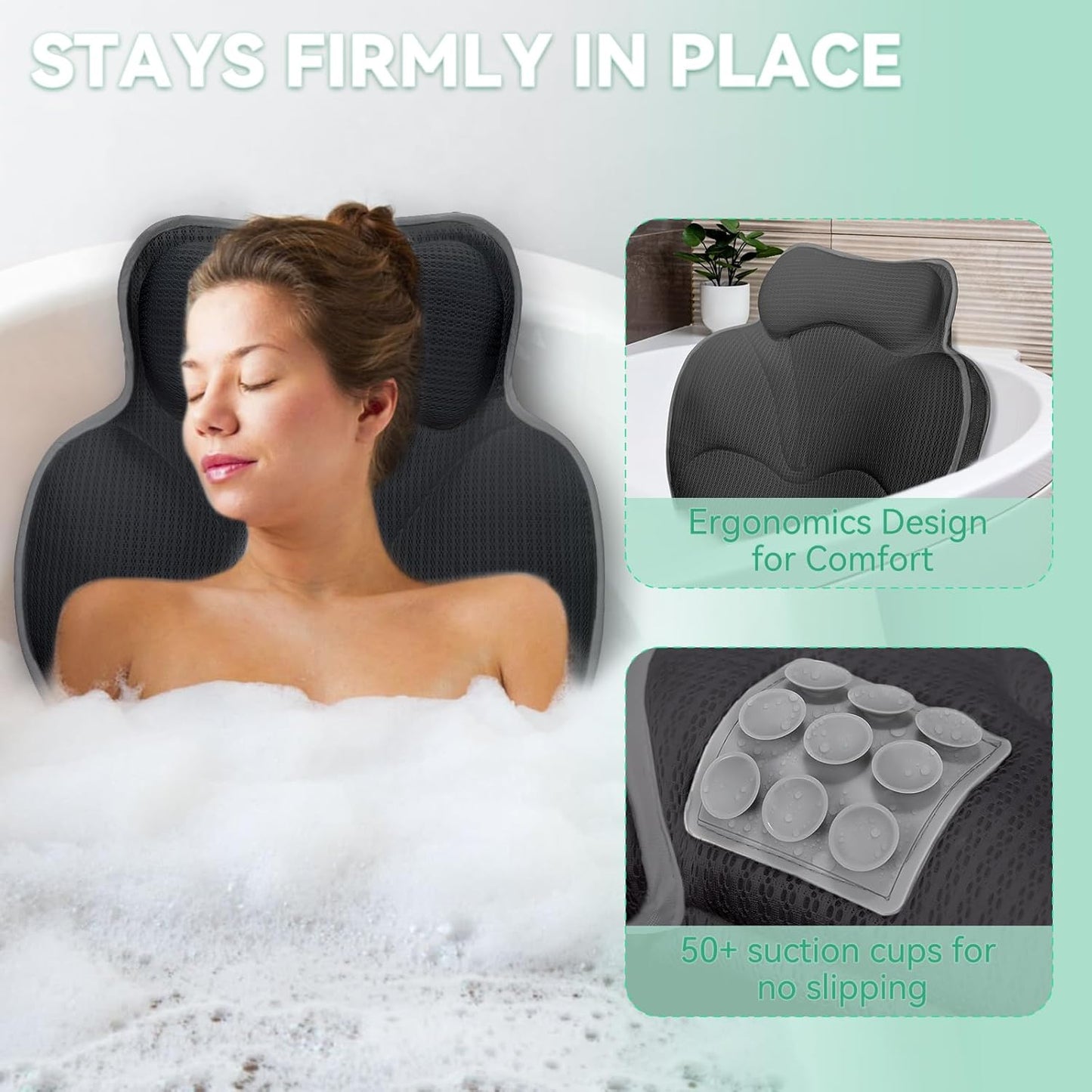 Bath Pillows for Tub - Luxury Bathtub Pillow Neck, Head, Back Support, Soft 4D Mesh Fabric and Non-Slip Suction Cups & Quick Dry, Comfort Fits All Tubs, Relaxation Spa Gift, Grey
