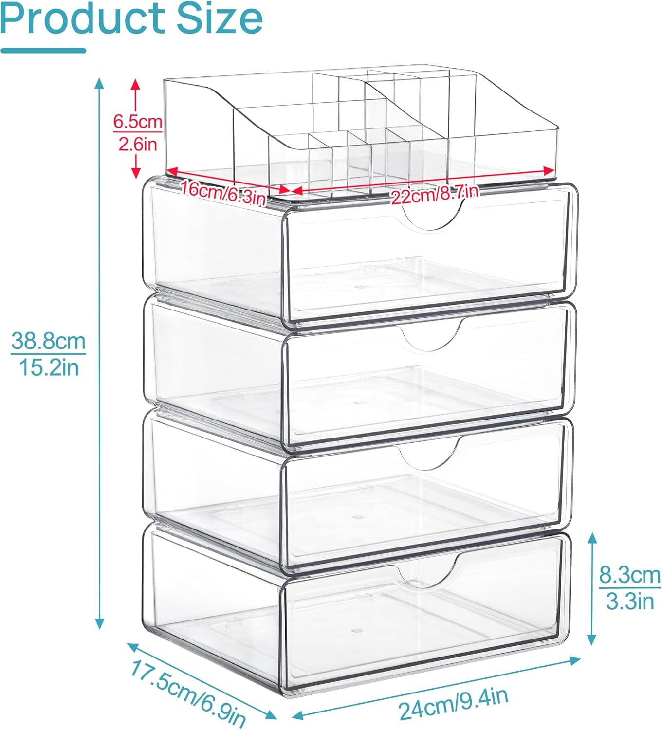 Vtopmart 5 Tier Clear Makeup Organizer with Drawer, Cosmetic Storage for Dresser Countertop and Bathroom Vanity, Beauty Holder for Lipstick Brush Skincare
