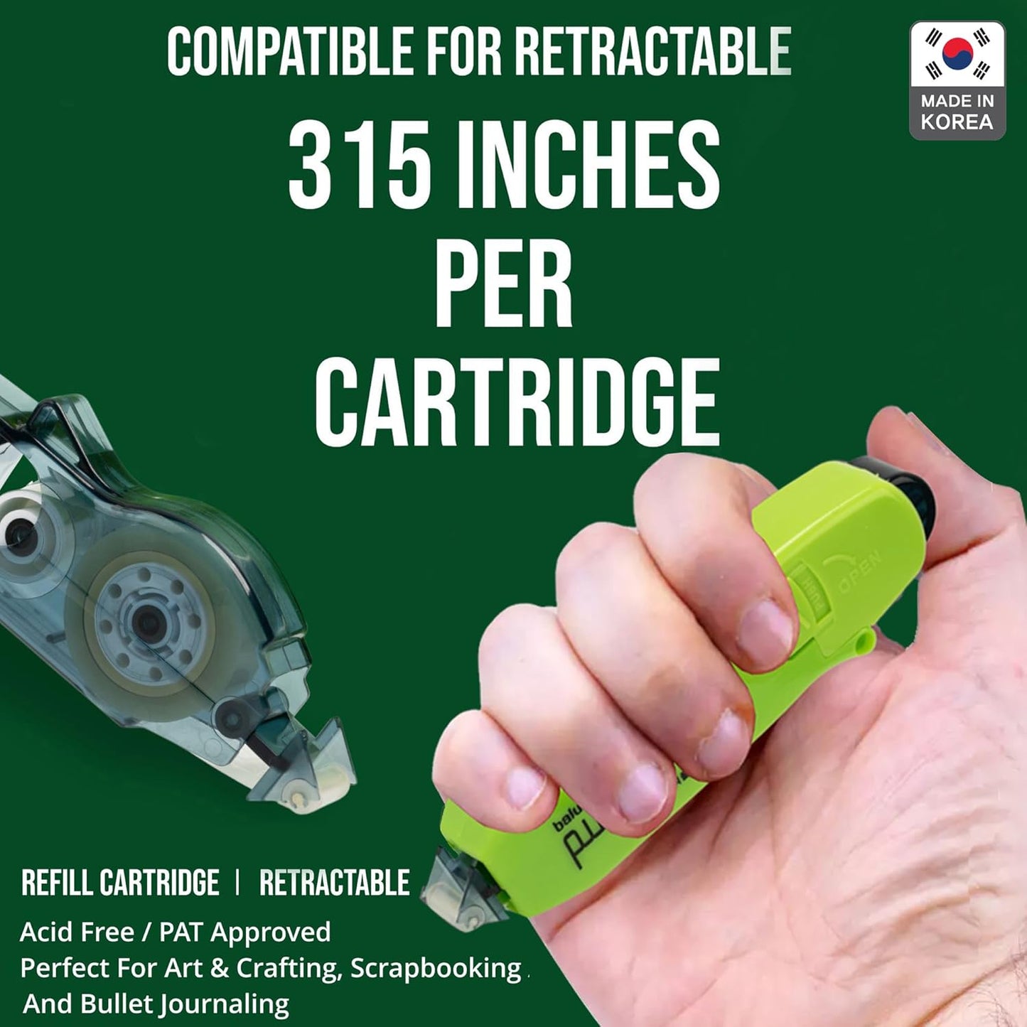 Double Sided Tape with Retractable Dispenser Roller - Permanent, Acid Free, Transparent - 2 Runners & 8 Refill Cartridges - Ideal Scrapbook Supplies & Scrapbooking Supplies Kit - 315 Inches Each