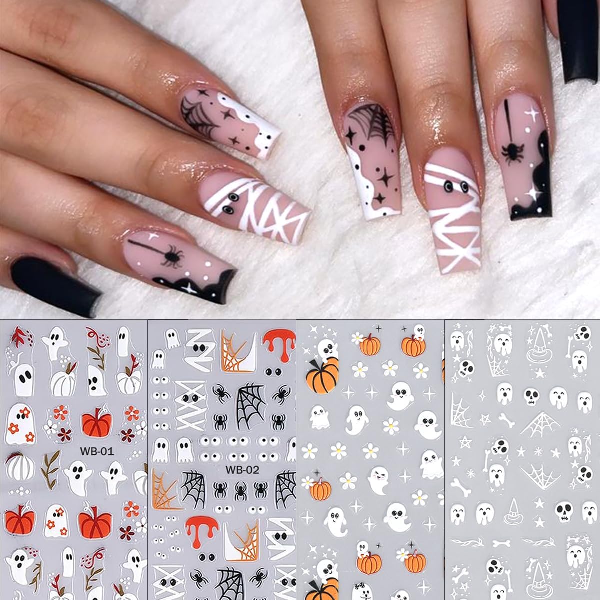 8 Sheets Nail Cute Ghost Nail Stickers for Nail Art 3D Self-Adhesive Pink Spider Web Pumpkin French Nail Art Decals Halloween Nail Art Supplies Goth Eye Starlight Nail Decals for Women DIY Manicure