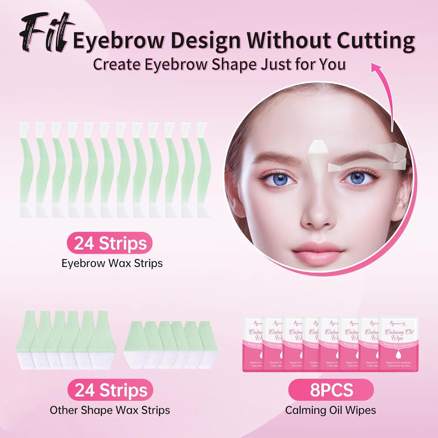 Beauty7 Wax Strips Kit for Sensitive Skin, Facial Hair Removal for Eyebrow, Lip, 24 Strips & 4 Calming Oil Wipes, At Home Waxing for Women