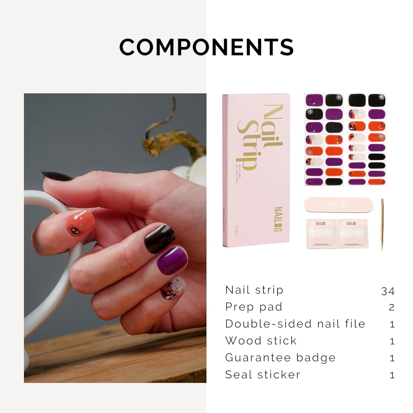 NAILOG Semi Cured Gel Nail Strips 34 pcs| Buy 2 Get 1 UV Lamp | Long Lasting Nail Polish Sticker Wraps with Glossy Gel Finish, Dark Moon Night