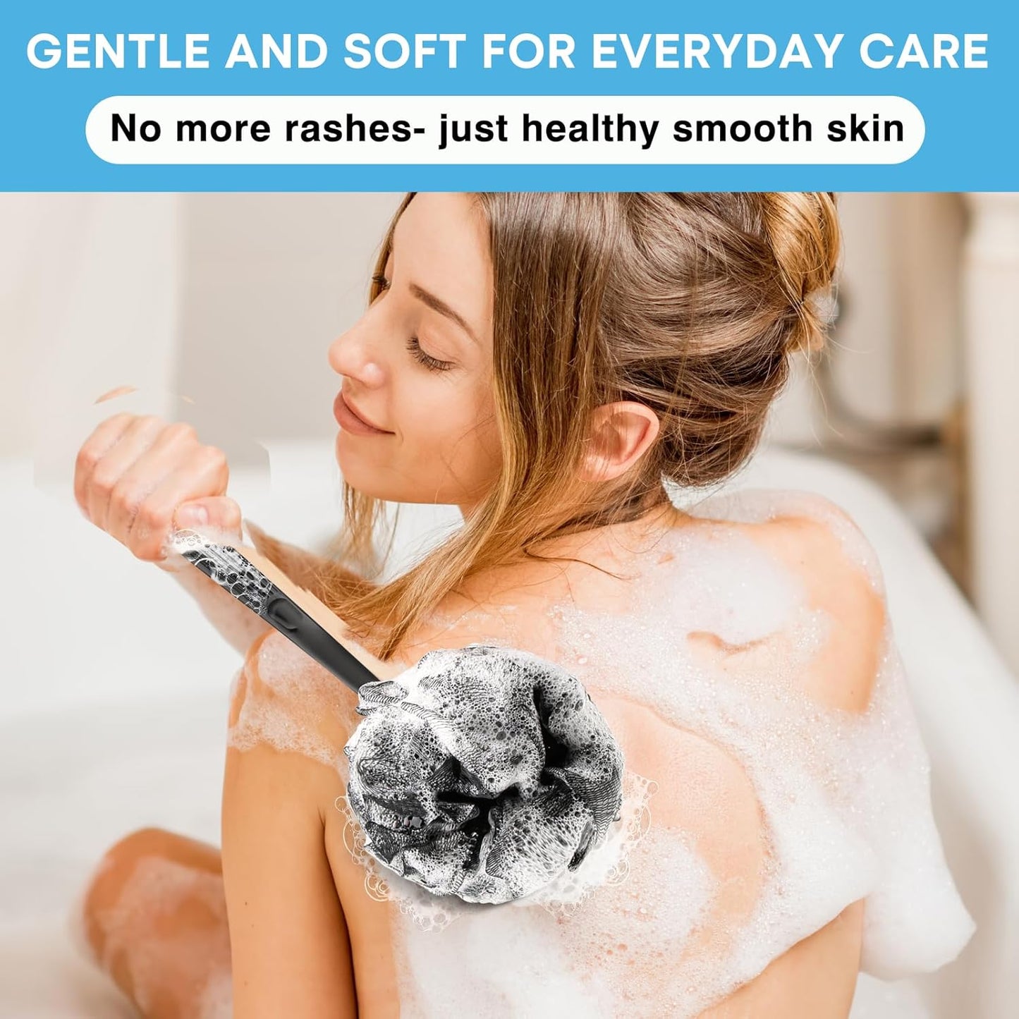 Loofah with Handle & Shower Brush Charcoal 2 Pack- Back Scrubber for Shower for Men & Women, Body Brush Ideal for Exfoliation, Back Loofah for Shower with Bath Brush, Long Handle for Shower Back Brush