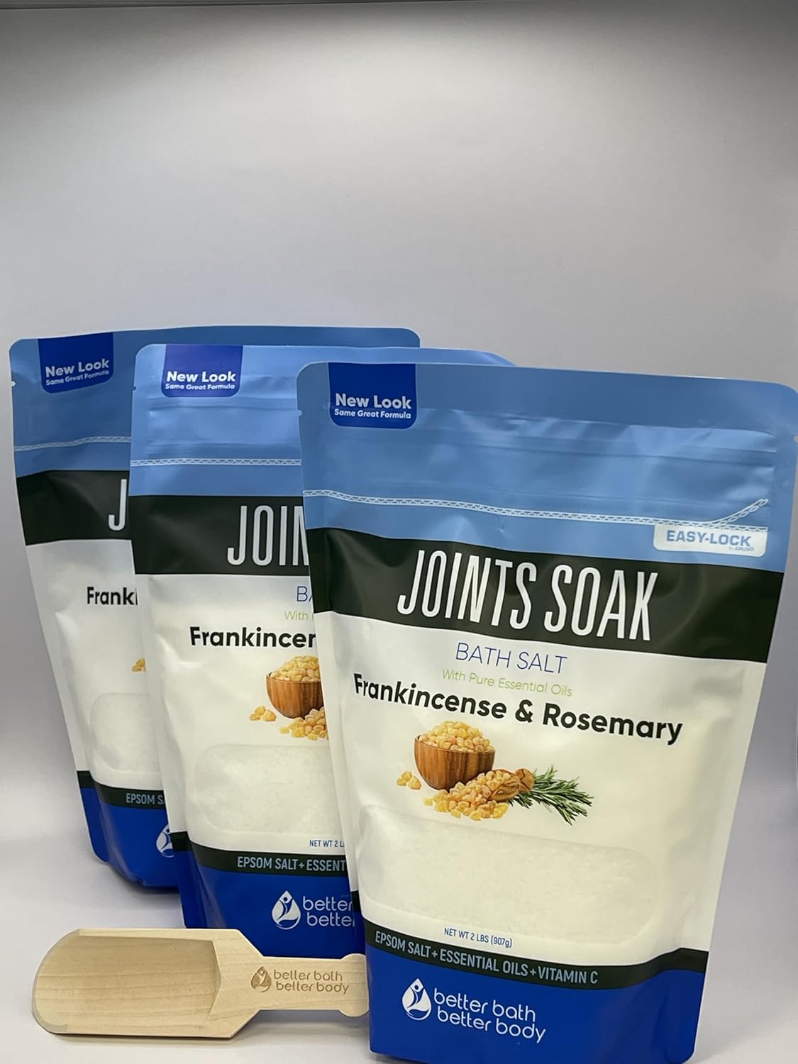 Joints Bath Soak (3 Pack with Scoop) Soothing Epsom Salt with Rosemary and Frankincense Essential Oils Plus Vitamin Crystals in BPA Free Pouch Three 2 lbs Pouches 6 Lbs Total