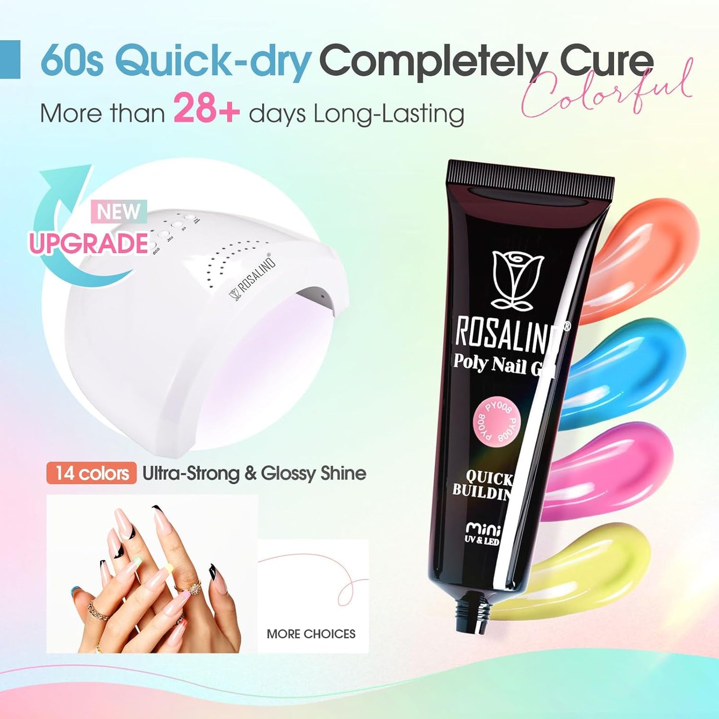 ROSALIND Colors Poly Nail Gel Kit, 14 ColorsPoly Nails Gel Starter Kits with Slip Solution 48W Nail Lamp Halloween All Seasons Classic Poly Extension Gels Nails Kit