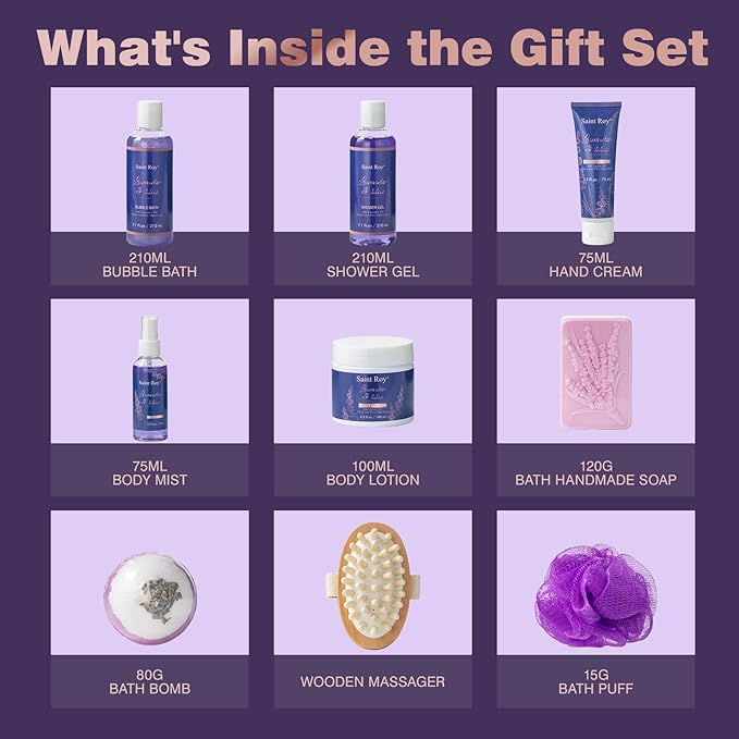 Bath and Body Gift Basket for Women and Men - Lavender Relaxing Spa Set With Massage Body Rush, Bath Bomb - Birthday Gifts for Her, Mom - Unique Self Care Idea