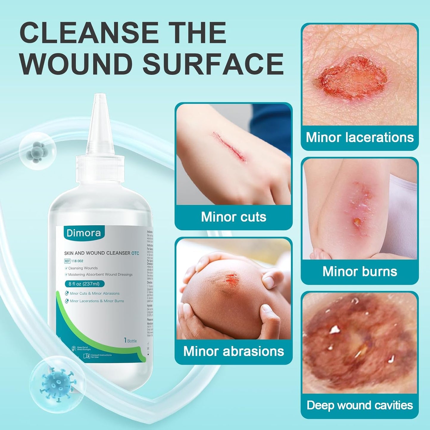 Dimora Skin and Wound Cleanser, OTC First Aid Antiseptic Cleanser,Moistening Absorbent Antibacterial Wound Dressings for Cuts, Abrasions, Lacerations, Burns, Skin Cleansing and Rinsing -8oz / 237mL