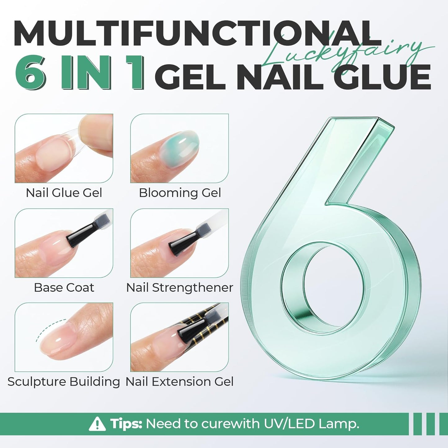 Gel Nail Glue Super Strong: 15ml Nail Glue Gel 6 in 1 for Acrylic Nails Tips and Clear Press on Fake Nails Long Lasting, Salon Art Gift DIY at Home Need U V Light Cured