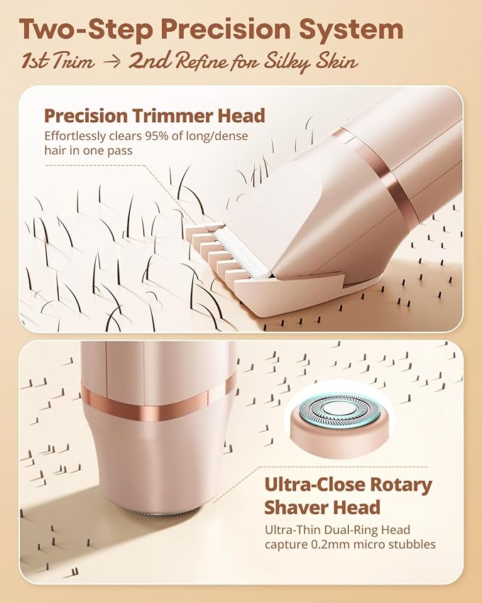 Electric Bikini Trimmer: 2 in1 Body Facial Hair Remover - Painless Pubic Hair Shaver (Rose Gold)