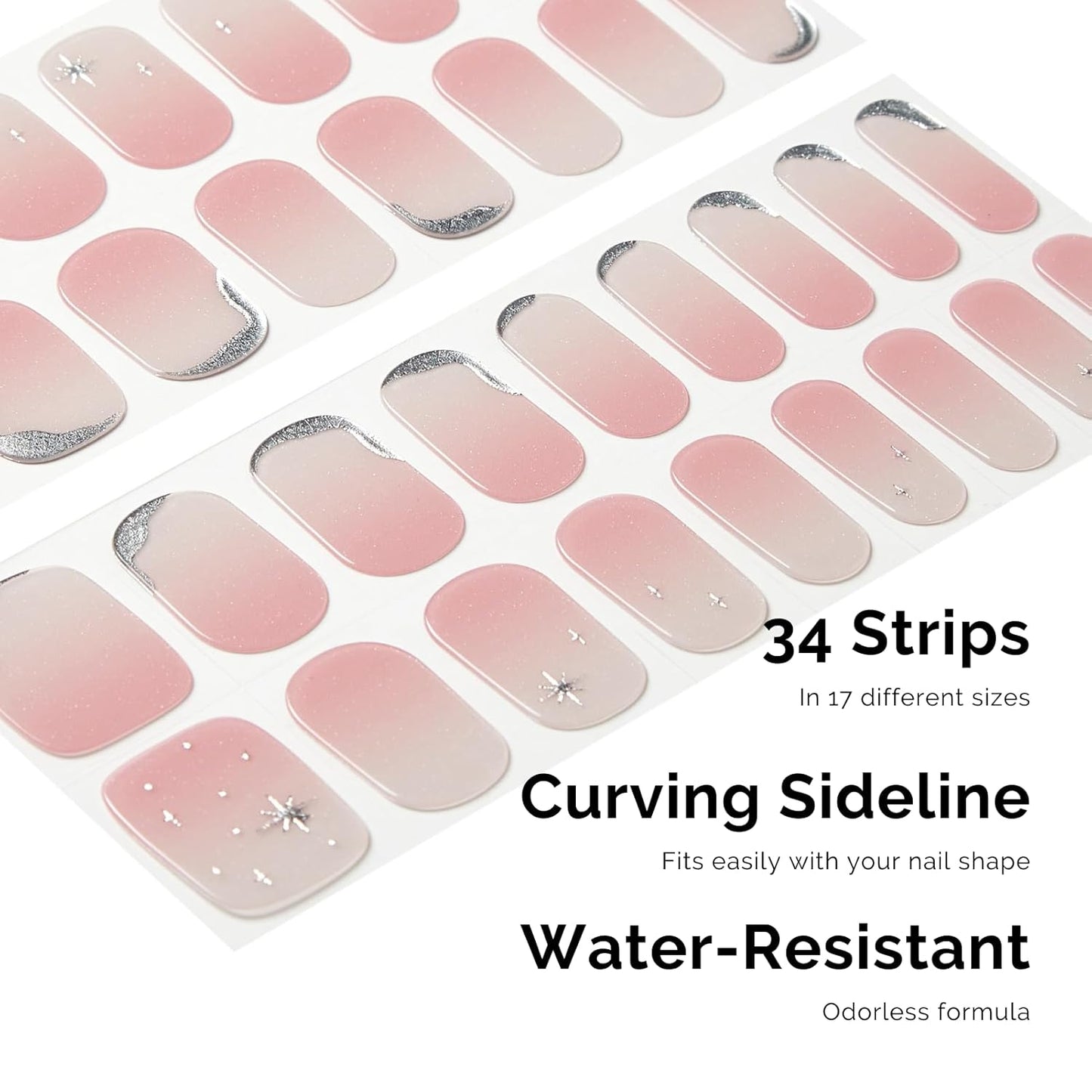 Semi Cured Gel Nail Strips - NAILOG 34 Pcs Gel Nail Stickers Buy 2 Get 1 UV Light | Long Lasting Nail Wraps with Glossy Gel Finish Clear Pink, Star River