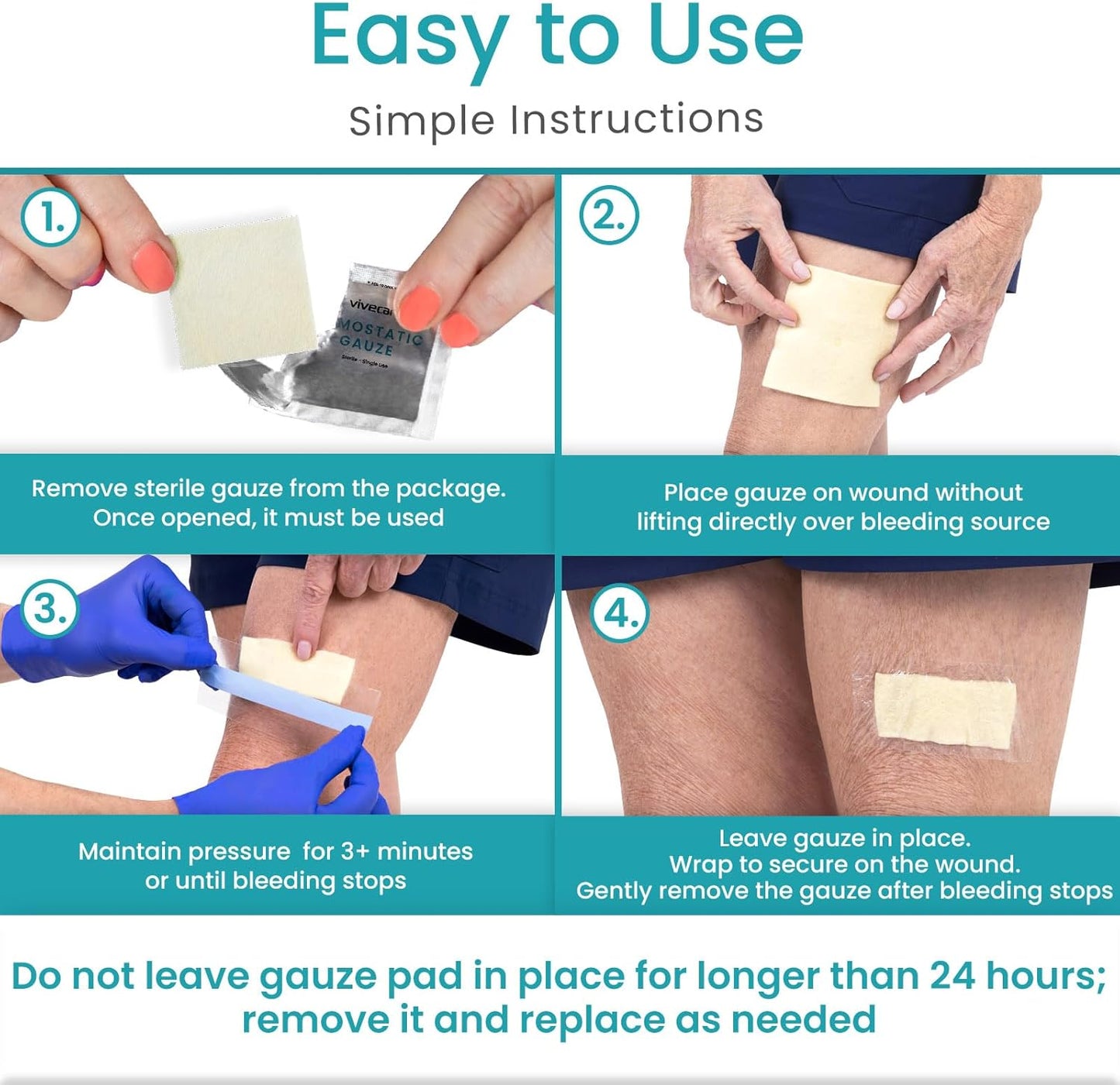 ViveCare Hemostatic Gauze (2"x2") - Quick Clot Dressing to Stop Bleeding - Wound Clotting Bandage Pads for First Aid Kit - Healing for Cuts, Abrasions, Lacerations - Product Made with Chitosan
