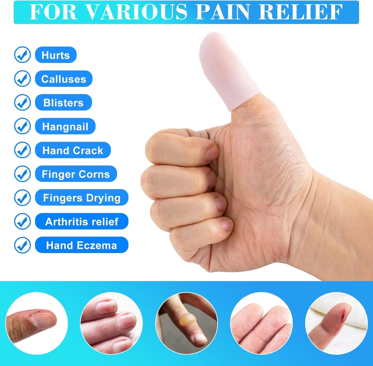 ANCIRS 10pcs Gel Finger Support Protector Caps Gloves, Gel Finger Cots/Covers, Silicone Fingertips for Hands Cracking, Eczema Skin, Trigger Finger Arthritis Pain Relief (Small, White)