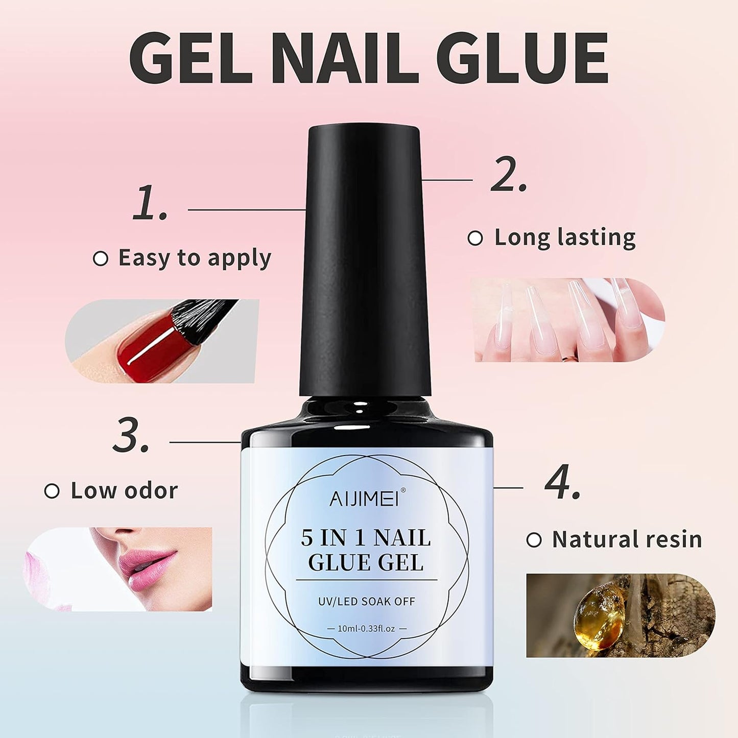 5-in-1 Nail Glue Gel: Clear Press-On Nail Adhesive, Base & Top Coat, Rhinestone Glue, and Nail Strengthener - UV Cure Required (2PCS)