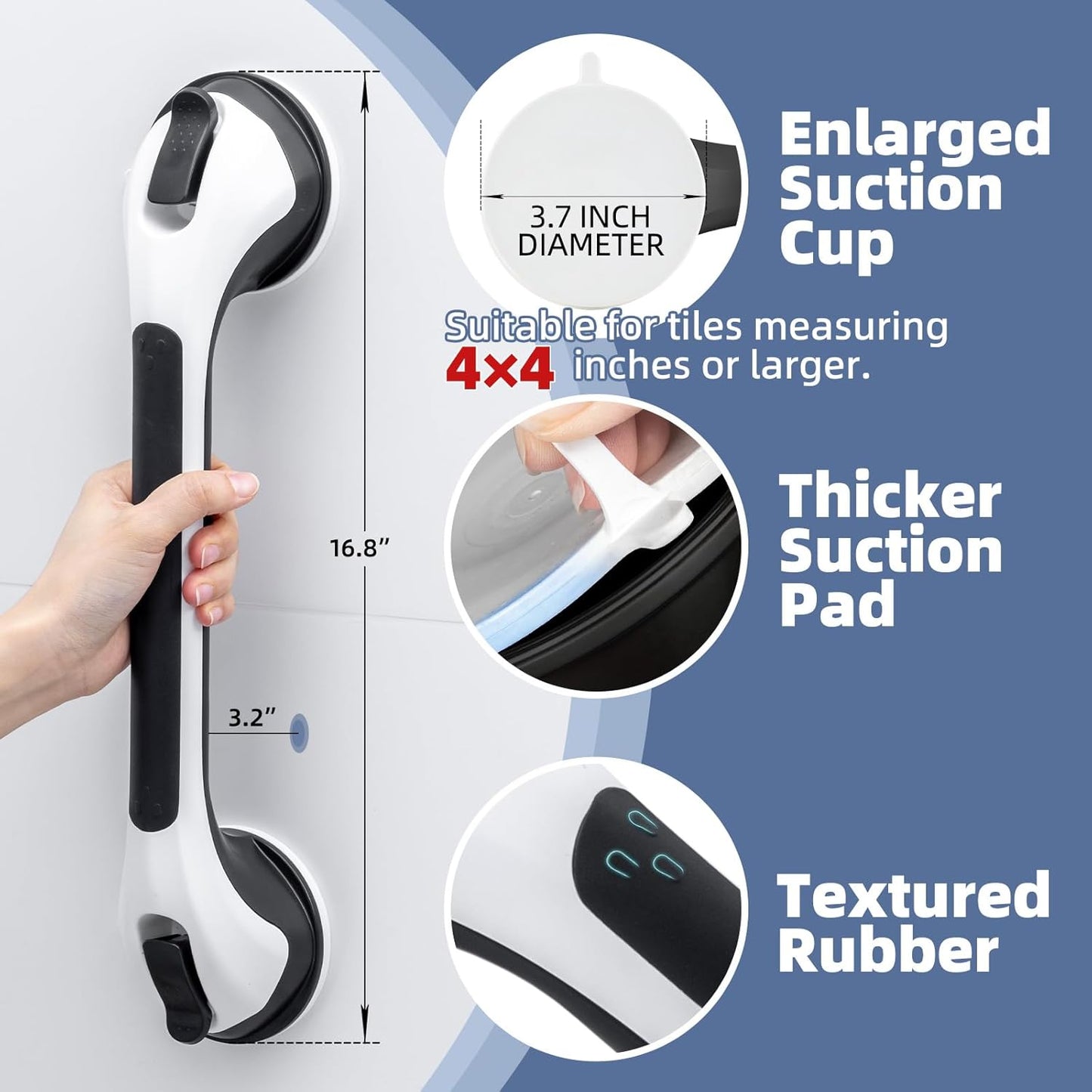 Grab Bars for Bathtubs and Showers Glow in The Dark, 17 inch Suction Grab Bar, Shower Handle Safety Grip Handrail for Seniors and Elderly, Removable Waterproof No Drilling, Black