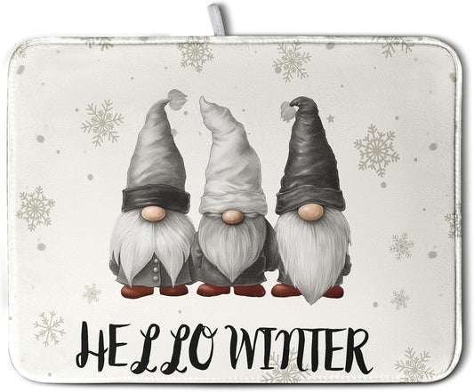 Winter Gnome Dish Drying Mat for Kitchen Counter 18x24 Christmas Snowflakes Santa Kitchen Drying Mat Hello Winter Dish Drainer Mat Super Absorbent Dish Rack Mat for Coffee Bar Countertop