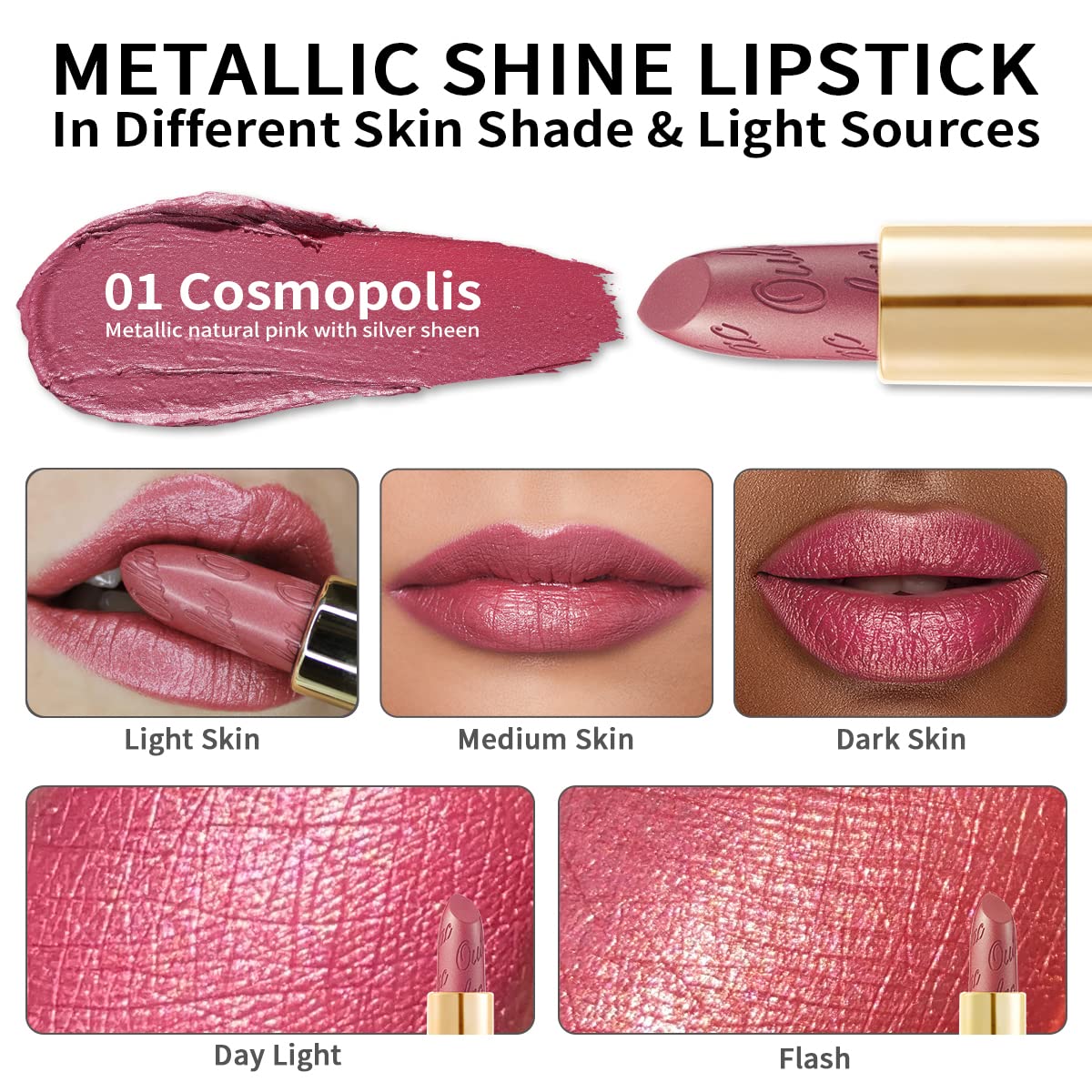 Oulac Pink Lipstick for Women with Metallic 3D Shine Lightweight Hydrating Formula, High Impact Lip Color, Vegan Beauty, Full Coverage Lip Makeup, Christmas Gifts for Women, Cosmopolis(01)