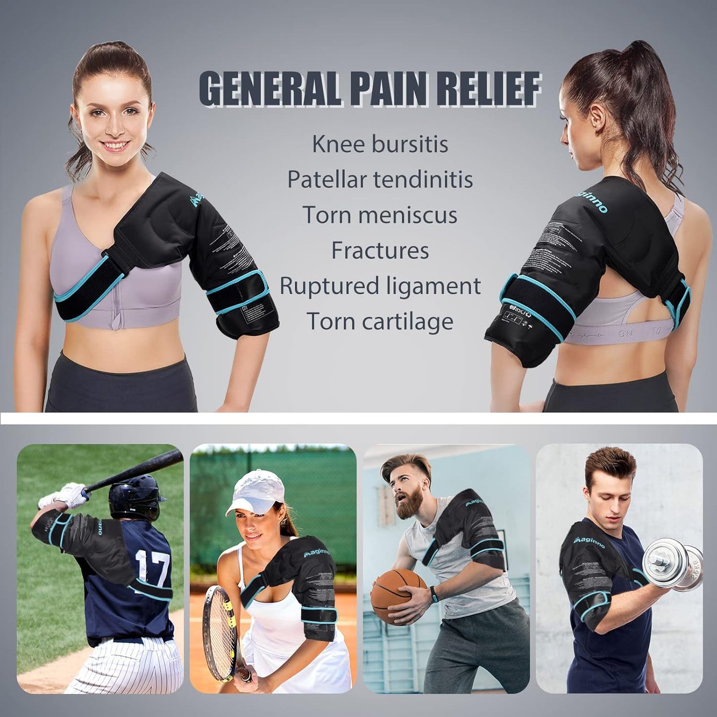 Shoulder Ice Packs for Injuries Reusable, Heat or Cold Therapy Compression Wrap Flexible Ice Gel Pack for Left Right Shoulder Injuries, Surgery, Rotator Cuff Injuries, Black