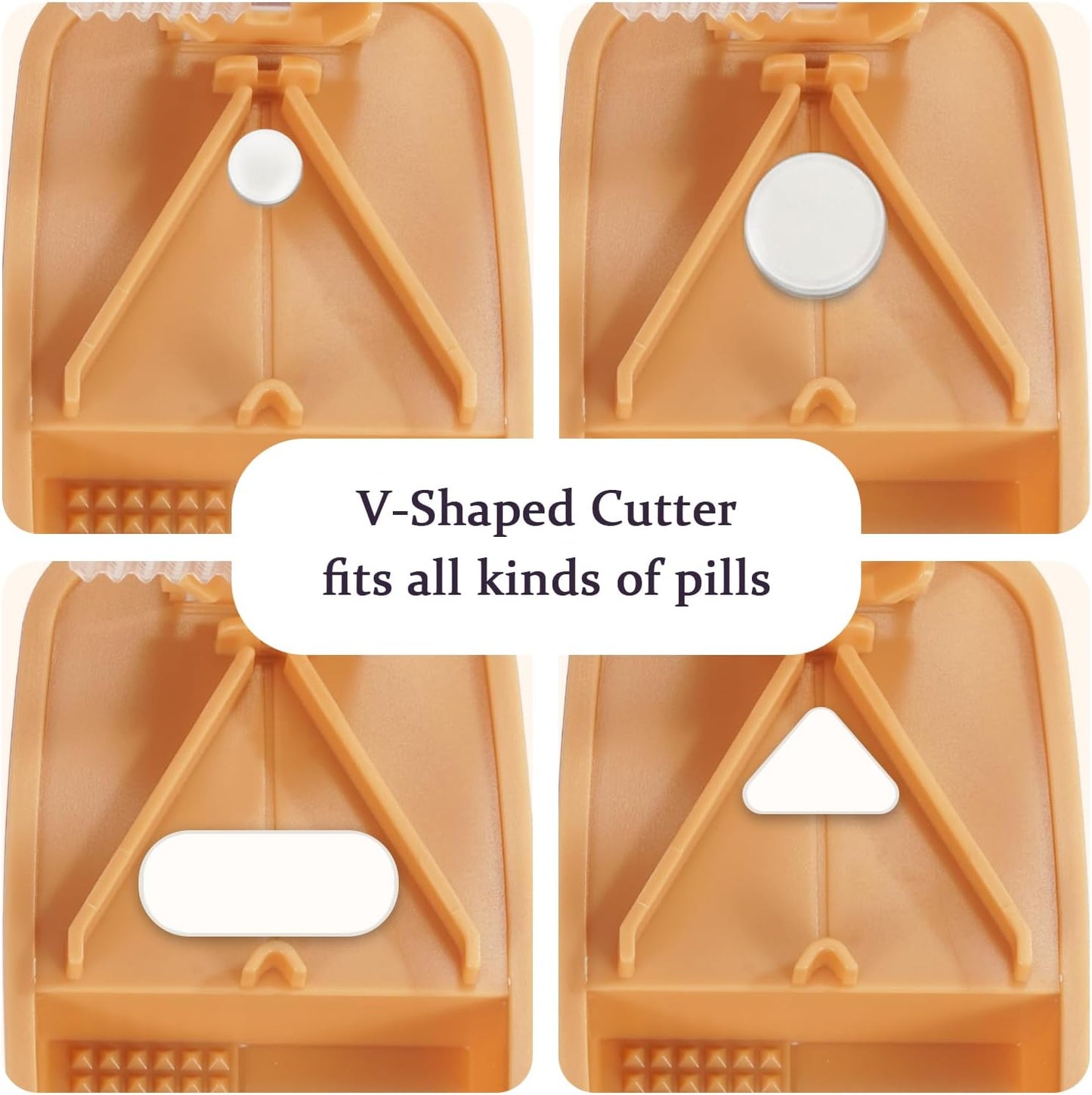 Pill Cutter Splitter for Small and Tiny Pills, or Large Pills. V-Shaped Design for Multiple Sizes. Safety Blade Guard. Loss-Proof Built-in Small Brush & Sliding Door Pill Storage (Khaki)