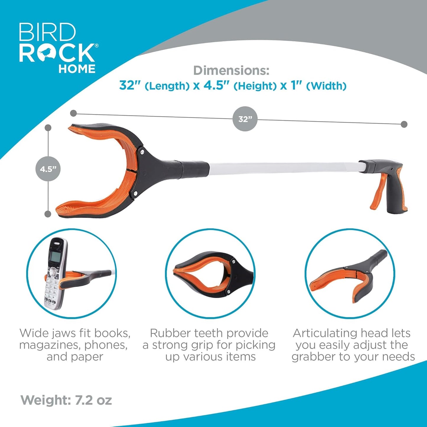 BIRDROCK HOME Grabber Reacher Tool with Long Handle - 32 Inch Tool for Picking Up Dropped Objects - Lightweight Aluminum Design for Reaching & Grabbing Things - Handicap Aid with Rubber Grip - 2 Pack