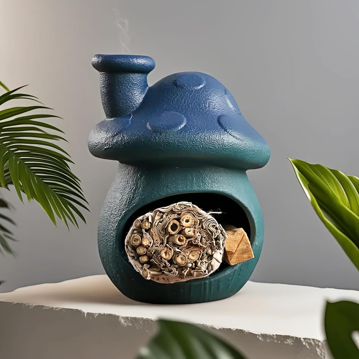 Mushroom Incense Holder, Pink Ceramic Palo Santo Holder Burner & Sage Holder - Mini Tabletop Chiminea Burner Tray with Ash Catcher, Cute Mushroom Decorations for Spiritual Meditation & Yoga