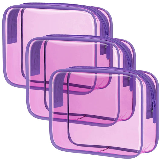 PACKISM TSA Approved Toiletry Bag - 3 Pack Quart-sized Clear Toiletry Bag with Zipper, Clear Makeup Bags Fit Travel Size Toiletries, Carry-onTravel Bags, Light Pinkish Purple