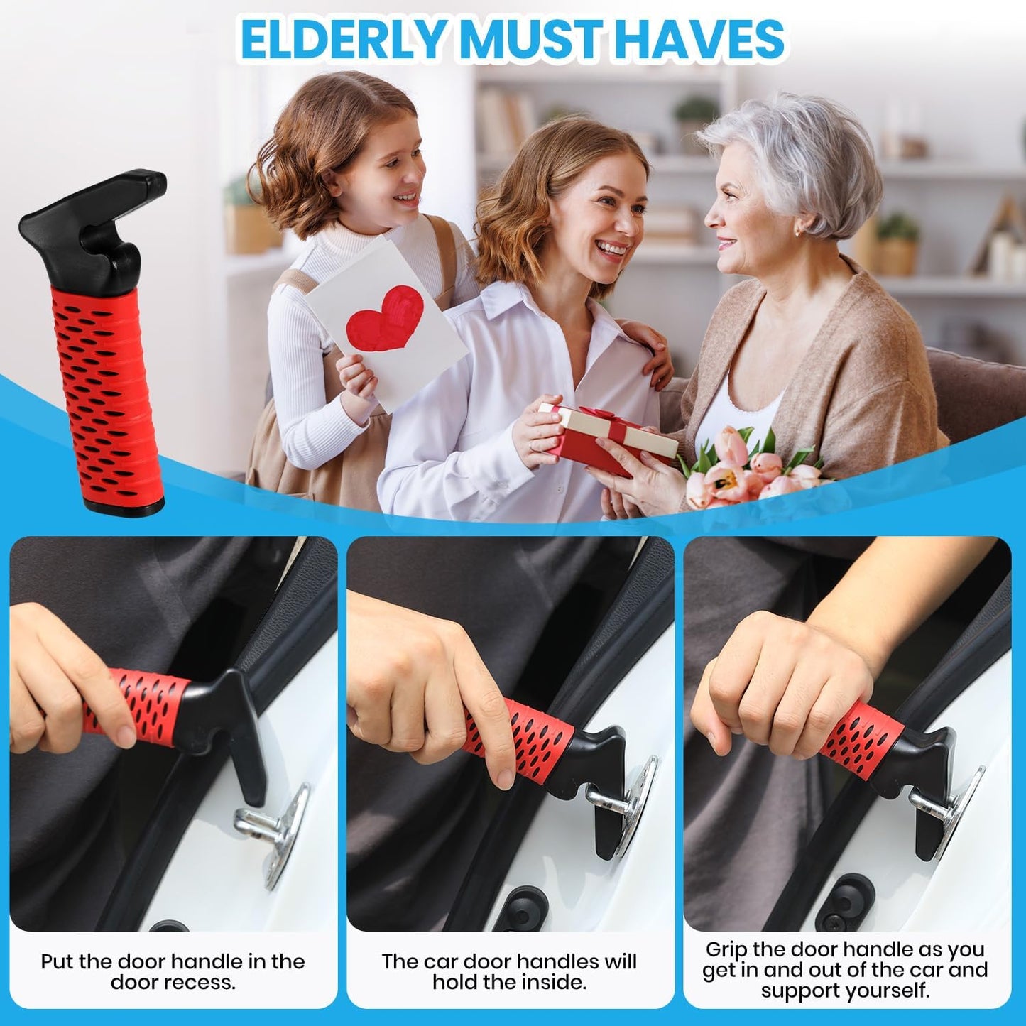 Car Door Handle for Elderly, Car Handle Assist Support Handle, Portable Elderly Assistance Mobility Aids for Getting Out of Car, Auto Grab Cane for Seniors and Handicapped, Red