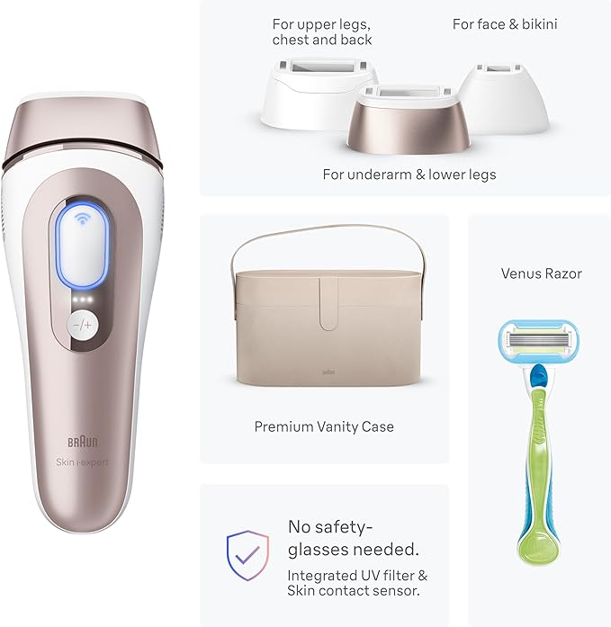Braun IPL Skin i·expert, at Home Laser Hair Removal, Permanent Visible Hair Reduction, Holiday Gifts for Women and Men with Free App, SMART IPL, Vanity Case, Venus Razor, 4 Smart Heads, PL7387