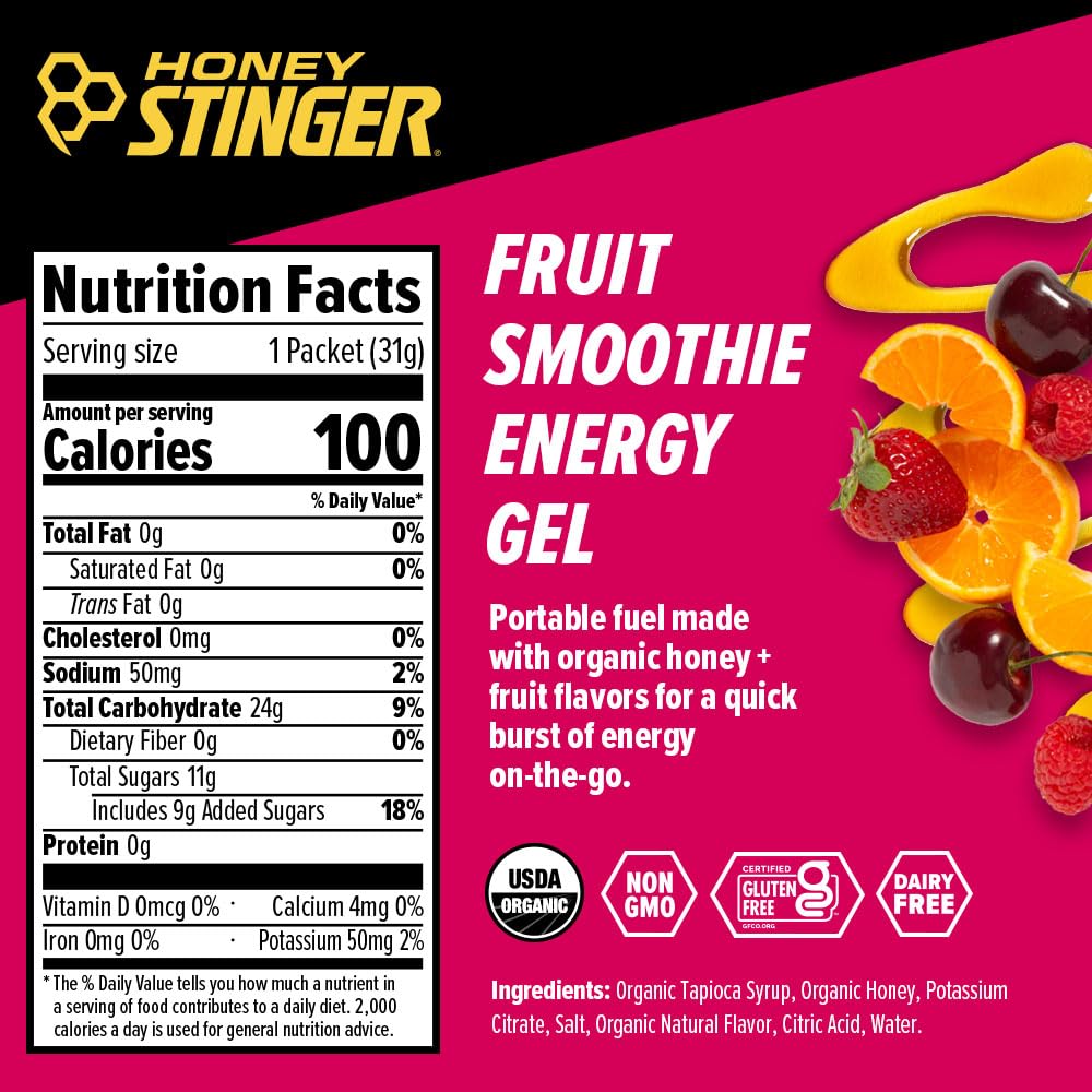 Honey Stinger Organic Fruit Smoothie Energy Gel, Gluten Free & Caffeine Free, for Exercise, Running and Performance, Sports Nutrition for Home & Gym, Pre & Mid Workout, 24 Pack, 26.4 Ounce